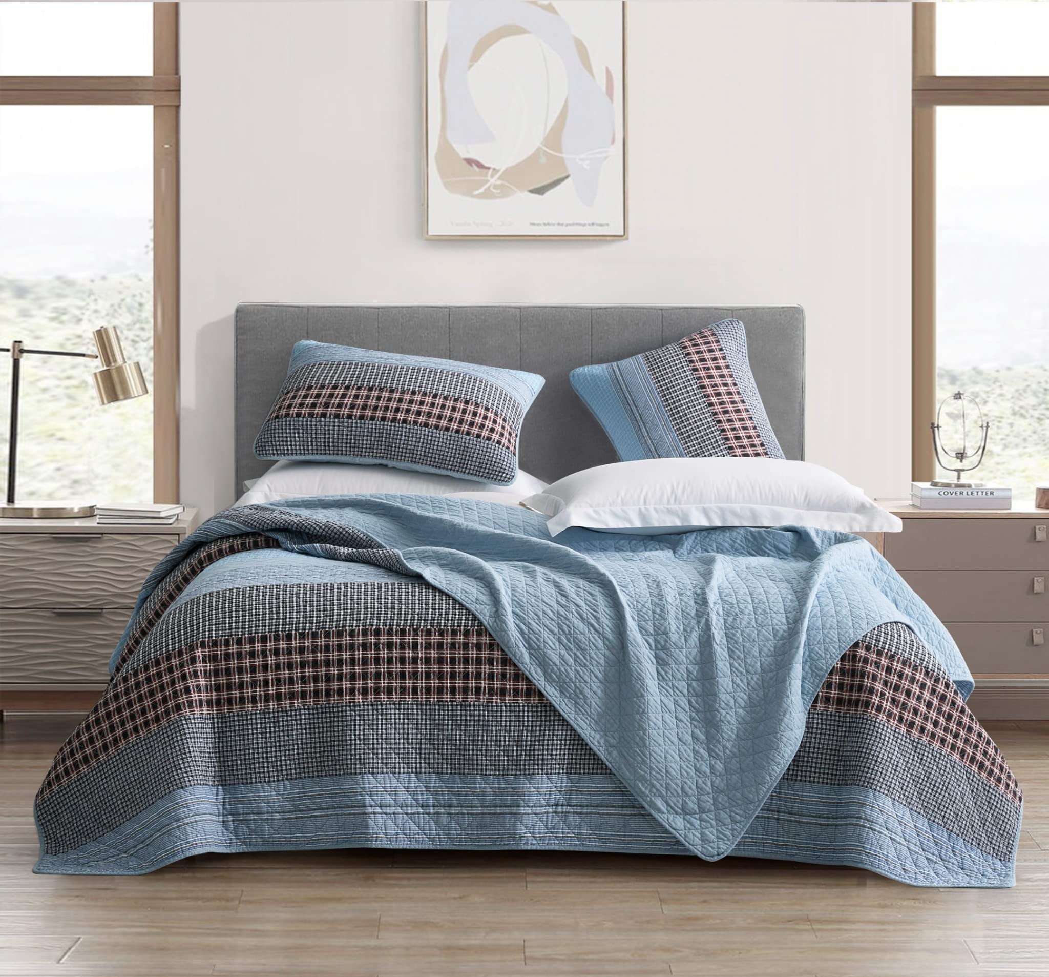 Chezmoi Collection Lincoln 3-Piece Pre-Washed Cotton Patchwork Quilt Set King - Solid Plaid Multi Striped Coverlet Set - Lightweight Reversible