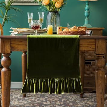Velvet Table Runner Soft Decorative Luxurious Solid 72 Inches Long Tablecloth with Retro Ruffle Flounces Table Runner Dresser Scarves for Kitchen Dining Room Coffee Table Olive Green,14x72 Inch