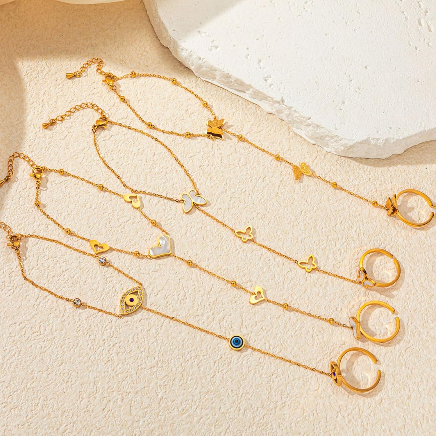 Ring Bracelet Hand Chain Women Gold Ring Bracelet Evil Eye/Heart/Butterfly Jewelry Gifts
