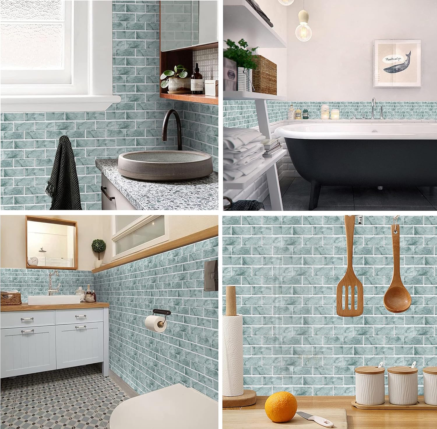 Green Brick Tile Stickers for Bathroom Kitchen Waterproof Vinyl Stick on Tiles Backsplash Self Adhesives Wall Tile Transfers Peel and Stick Tile Decals for Living Room - Image 4