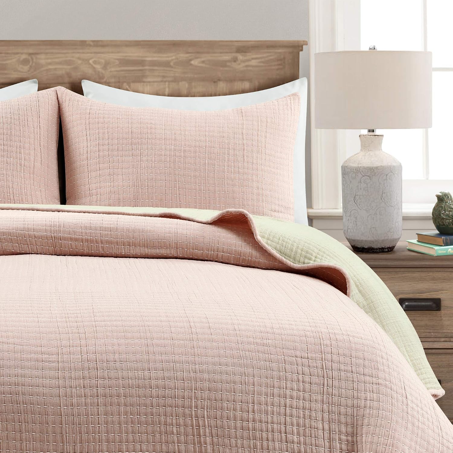 Lush Decor Solid Kantha Pick Stitch Yarn Dyed Cotton Quilt Queen Size 3 Piece Set Full/Queen Blush & Off White - Bedding Set Queen Quilt Lightweight
