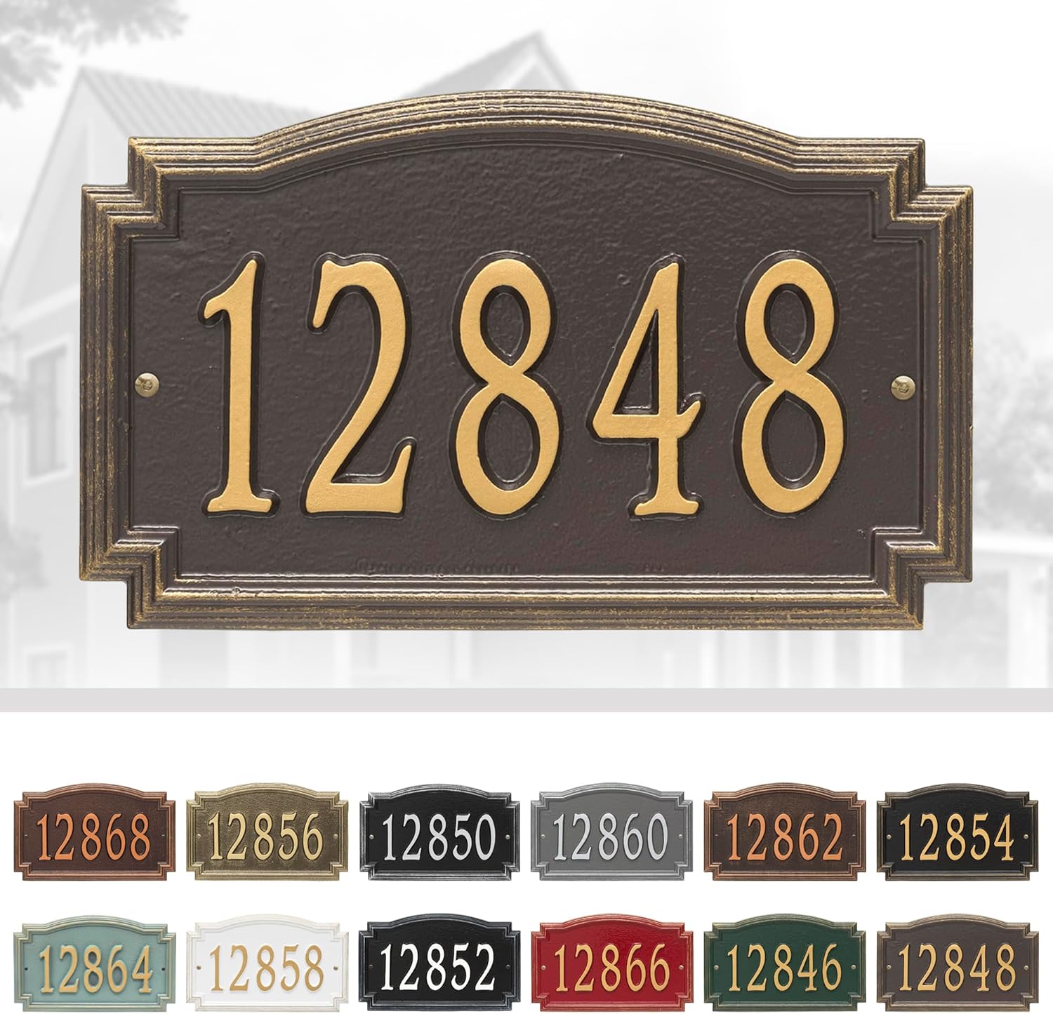 Whitehall Barcelos 3343OG Personalized Cast Metal Address Plaque Custom House Number Sign with One Line in Bronze and Gold Color 14 X 8.5