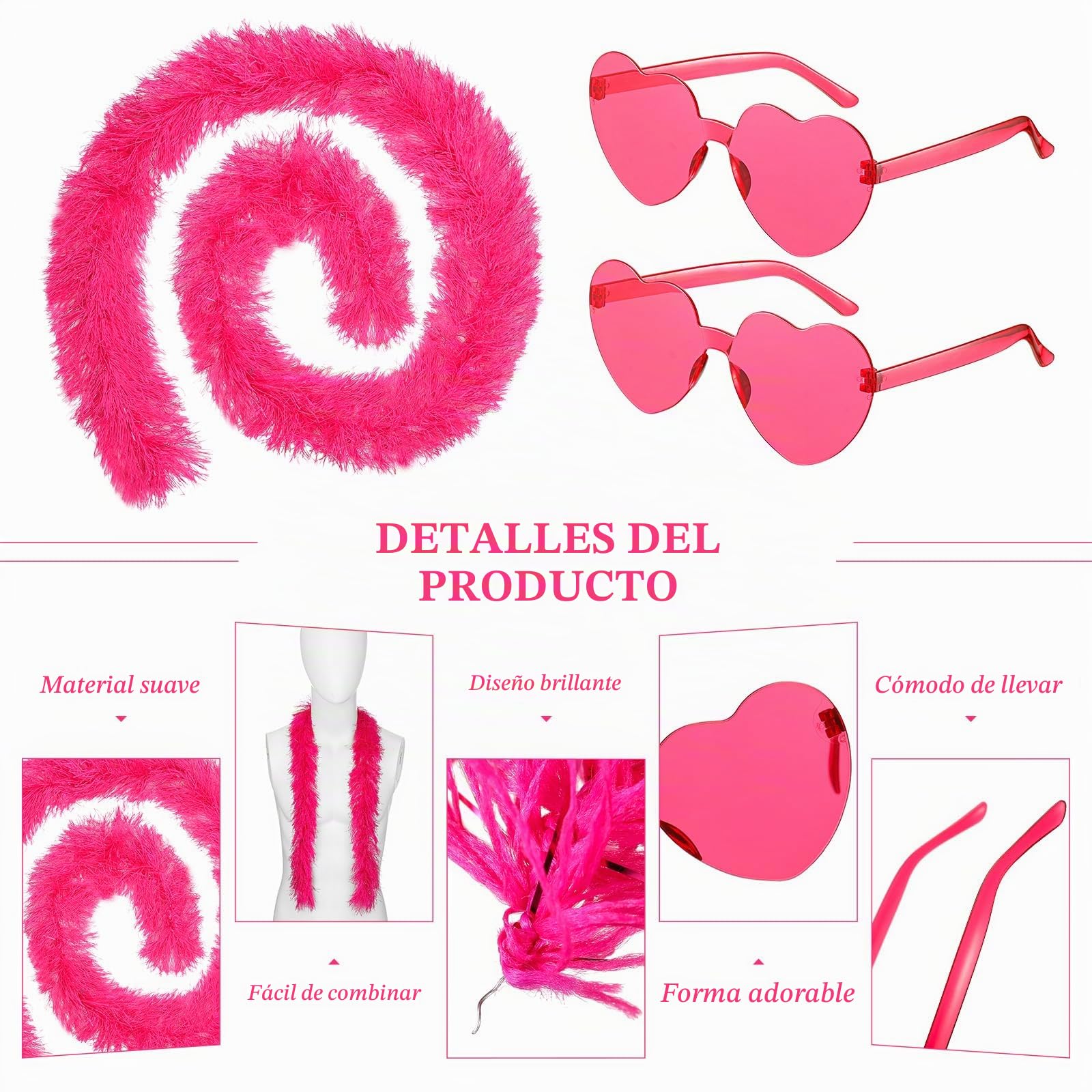 Sinmoe 16 Piezas Set de Boas de Plumas de 150 cm y Gafas de Sol en Forma de Corazón Accesorios de Fiesta para Suministros Bodas Disfraces Baile Cosplay Carnaval
