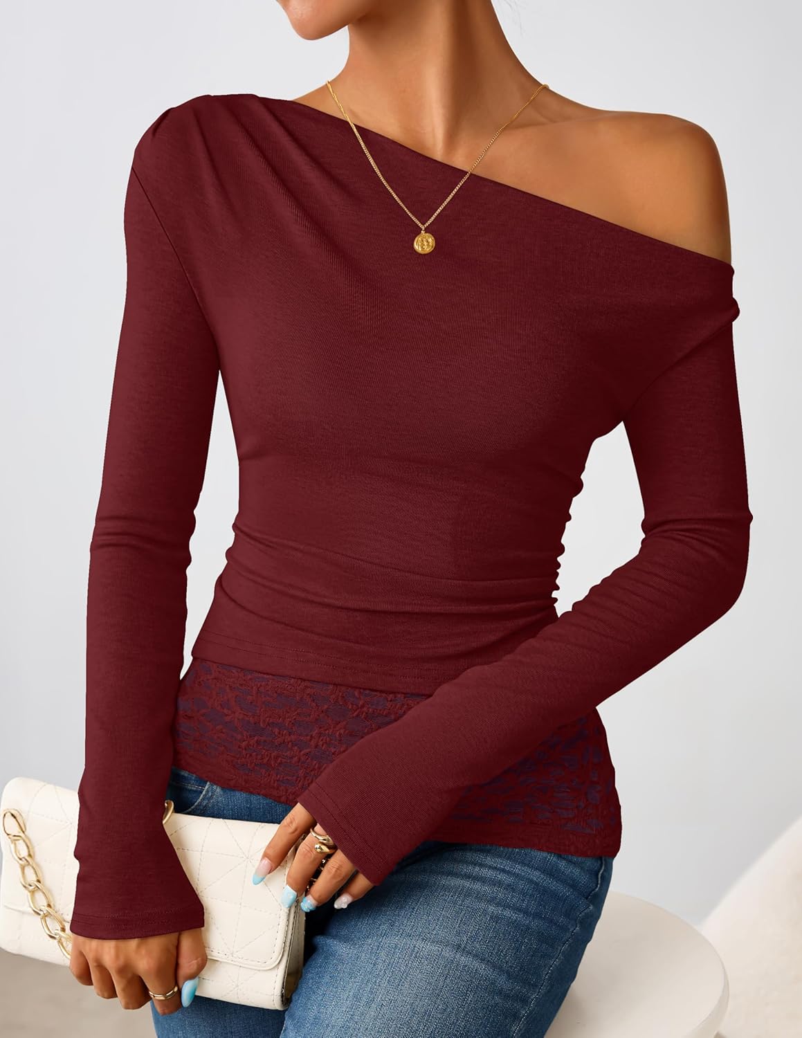 ZESICA Women's Long Sleeve Off Shoulder Tops Fall 2026 Casual Boat Neck Lace Slim Fit Going Out Y2k Shirts Blouses - Image 2