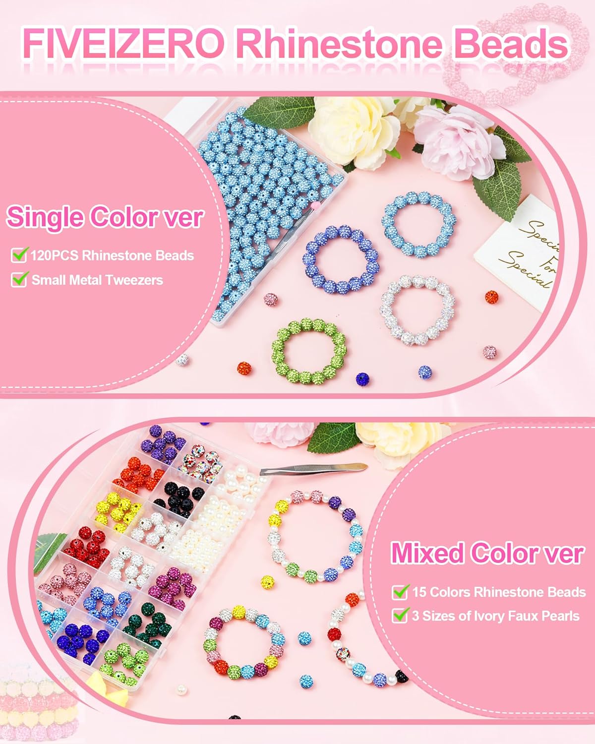 200PCS FIVEIZERO Rhinestone Beads for Jewelry Making, 15 Colors Round Sparkle Crystal Clay Bead Bulk Sparkly Baseball Necklace Beads for Bracelets and DIY Crafts - Image 2