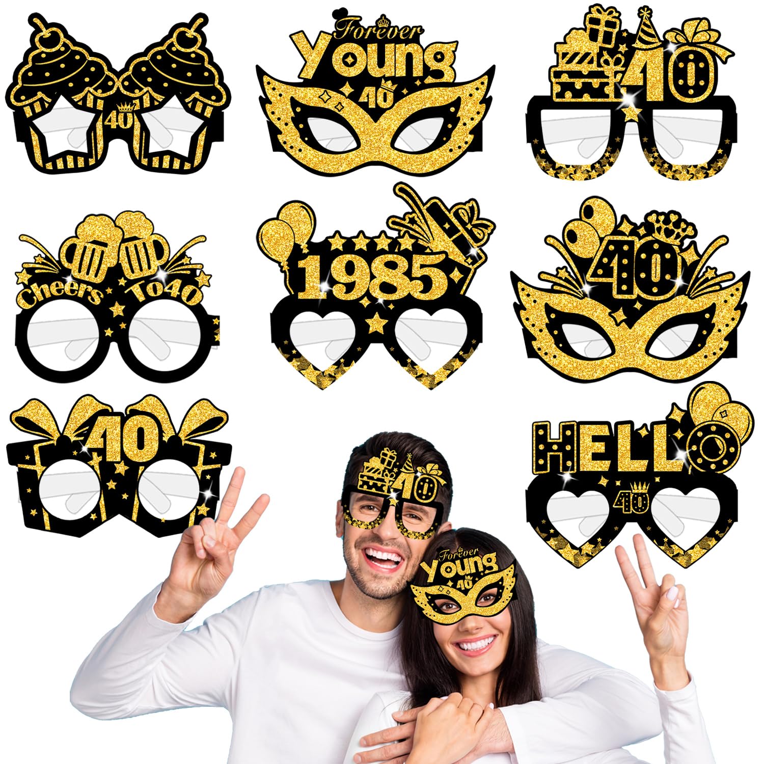 Eaguecros 16pcs 40th Birthday Glasses Decorations for Men Women, Black Gold 40th Paper Eyeglasses Birthday Sunglasses Photo Props 40th Birthday Party