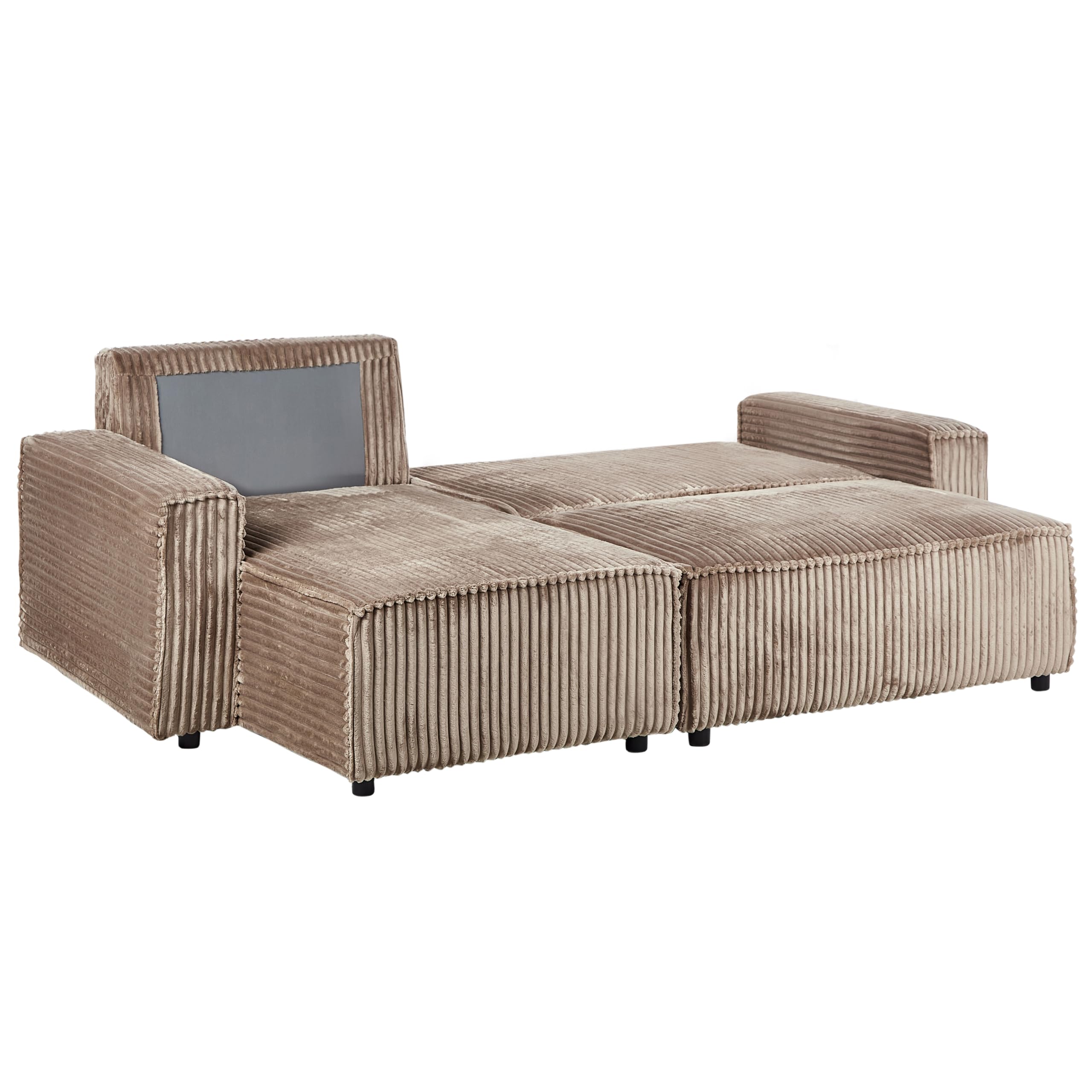 Sofa narożna prawostronna narożnik rozkładany z funkcją spania sztruksowa z poduchami kanapa przyjazna zwierzętom jasnobrązowa Abacka