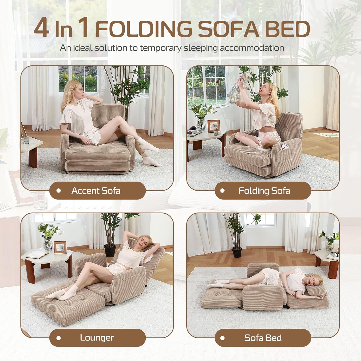 HomeMiYN Folding Sofa Bed with Adjustable Backrest, 3 in 1 Convertible Sleeper Chair to Lounger, Modular Floor Bean Bag Couch, Fold Out Chair Bed for Living Room, Bedroom, Loveseat, Khaki