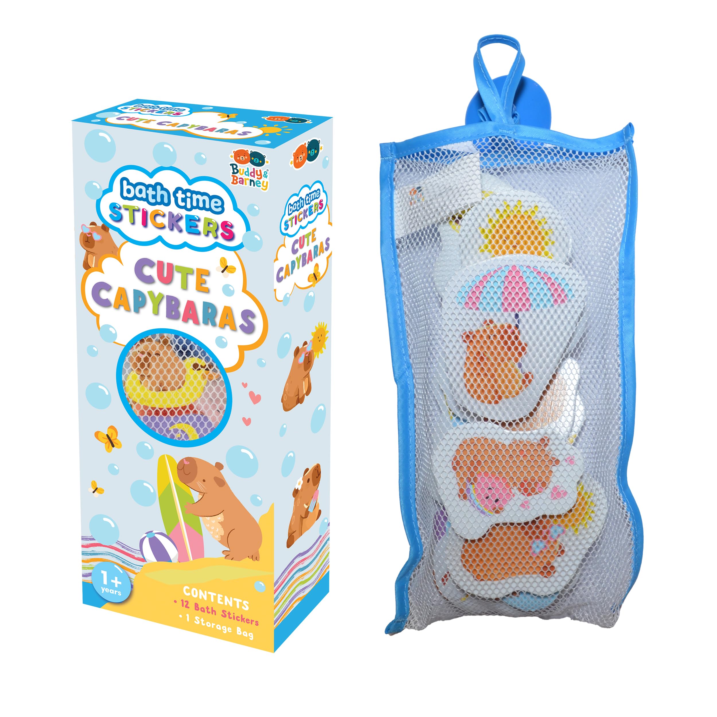 Buddy & Barney: Bath Time Stickers - Cute Capybara - 12 Reusable Chunky Foam Pieces, Animal Characters, Mesh Storage, Water & Tub Toy, Kids-Toddler 1+