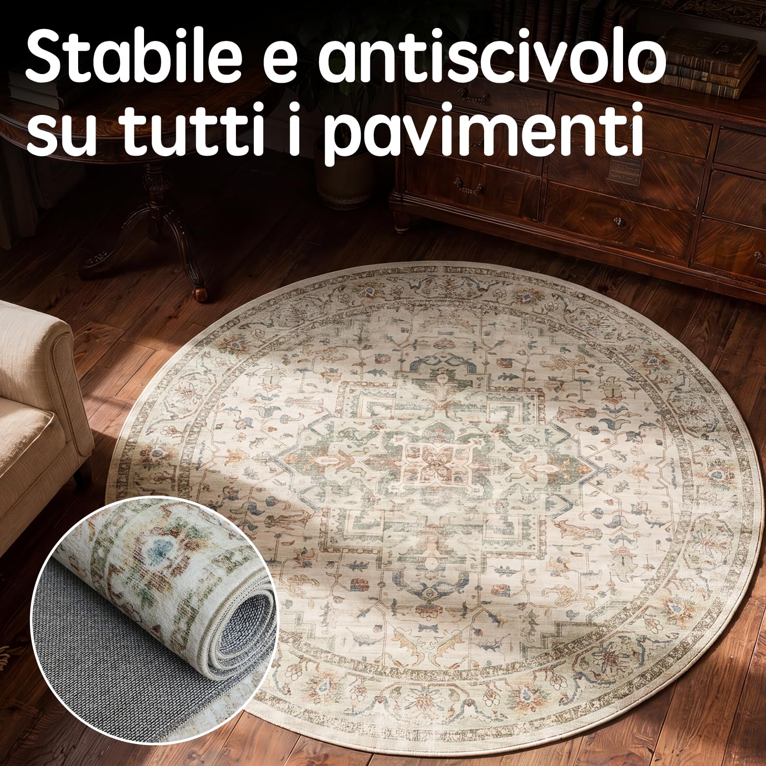 Vintage Tappeto per Salotto Verde Chiaro ⌀120 cm | Antiscivolo Lavabile in Lavatrice | Tappeto Interno per Soggiorno, Camera e Sala da Pranzo