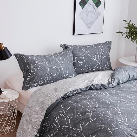 OAITE Queen Duvet Cover Set 3pcs 100% Cotton with Grey Branch | Soft, Breathable,Long-lasting,Comfort,Hidden Zipper,8 Corner Ties,Easy Care for All Season