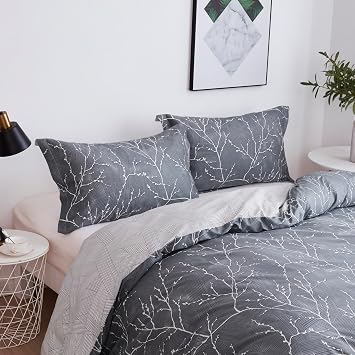 OAITE Queen Duvet Cover Set 3pcs 100% Cotton with Grey Branch | Soft, Breathable,Long-lasting,Comfort,Hidden Zipper,8 Corner Ties,Easy Care for All Season