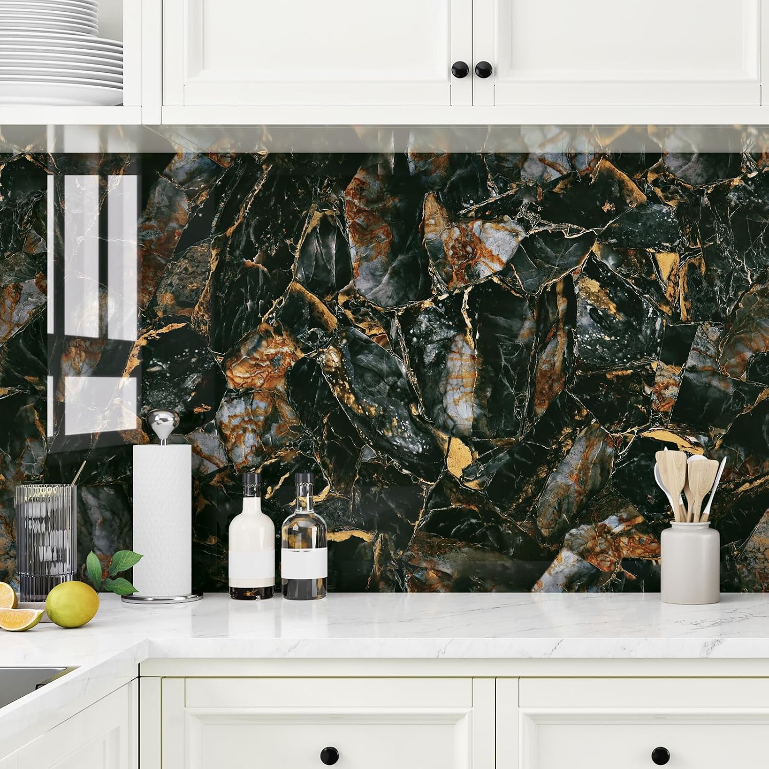 17.7"x315" Black Gold Marble Wallpaper Peel and Stick Countertops Decorative Marble Contact Paper for Countertops Waterproof Countertop Contact Paper for Cabinets Drawers Kitchen Living Room Table