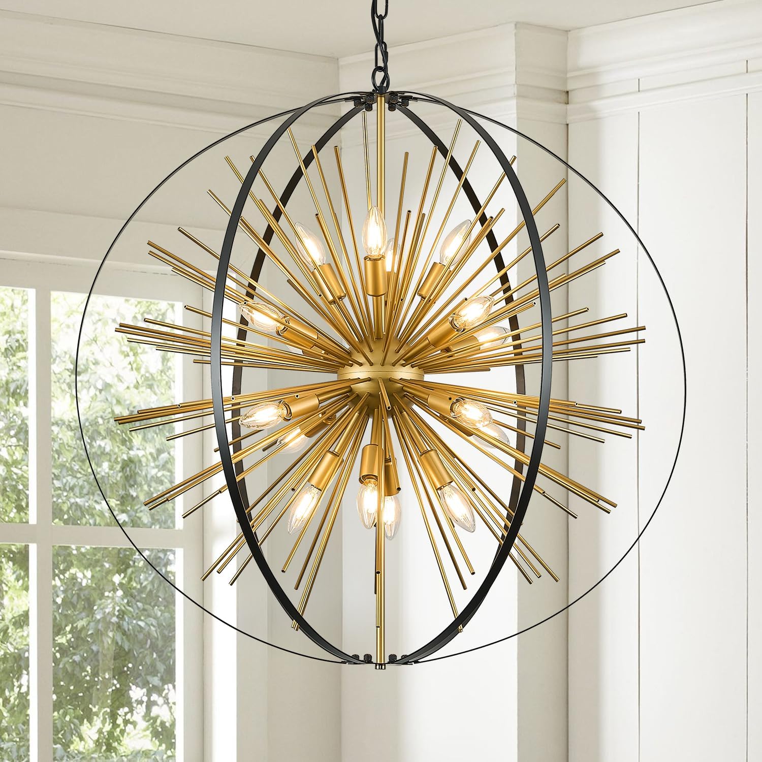 16 Lights Black Gold Sputnik Chandelier Large 31" Modern Industrial Hanging Ceiling Firework Globe Pendant Lighting Fixture for Dining Living Room Foyer Stairway Kitchen Bedroom