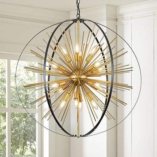 Miniatura 17 de Lámpara de araña moderna de 12 luces, grande, negra y dorada, estilo Sputnik de mediados de siglo, lámpara colgante de techo con forma de fuegos Oro
