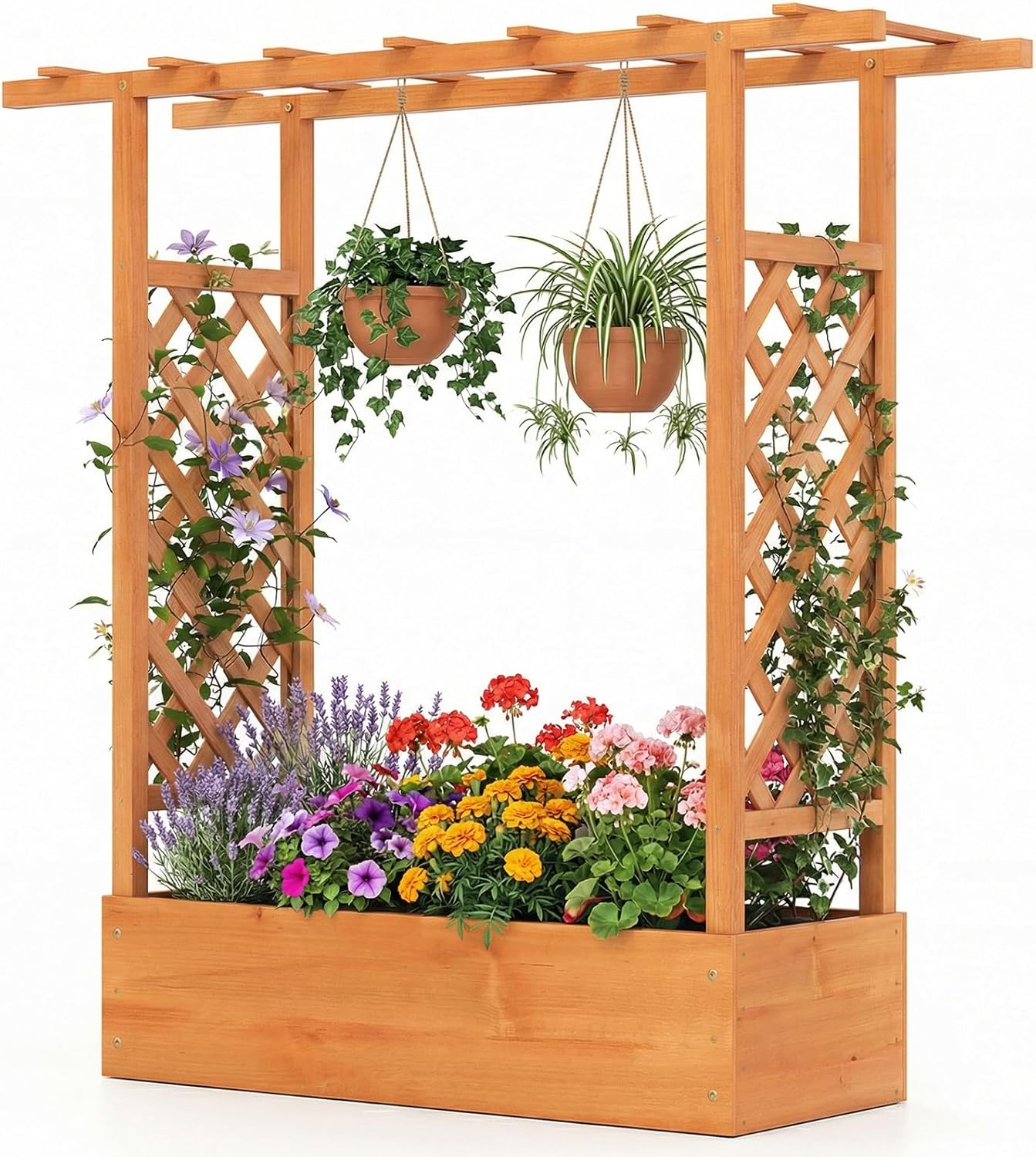 DREAMADE Raised Garden Bed with Trellis, Wood Planter Box w/Trellis, Hanging Roof, Drainage Holes, Freestanding Planter Raised Bed for Outdoor Climbing Plants Flowers, Patio Yard Balcony (1, Orange)