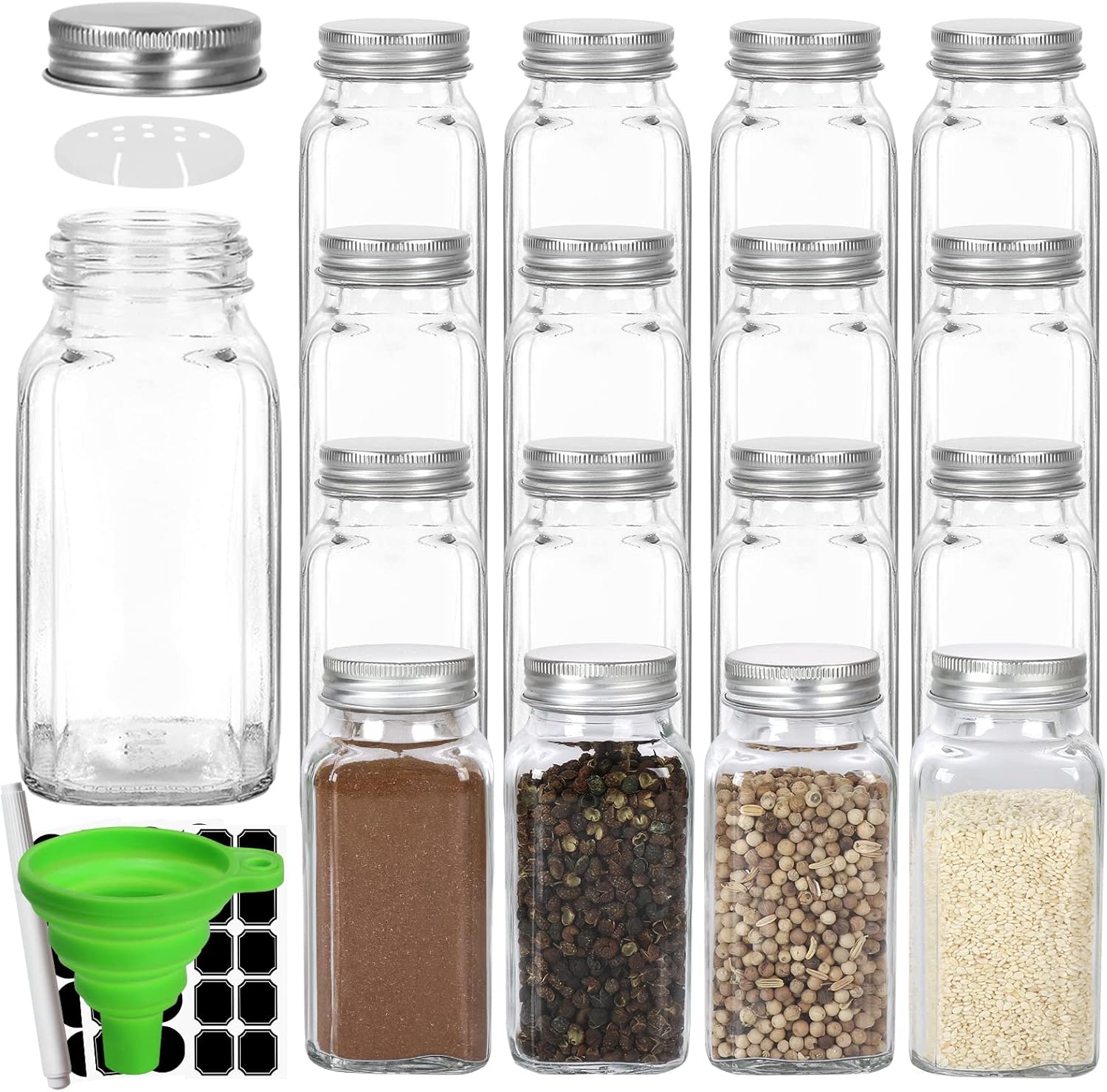 Glass Spice Jars, 16 Pack 6 oz Square Spice Containers Bottles with