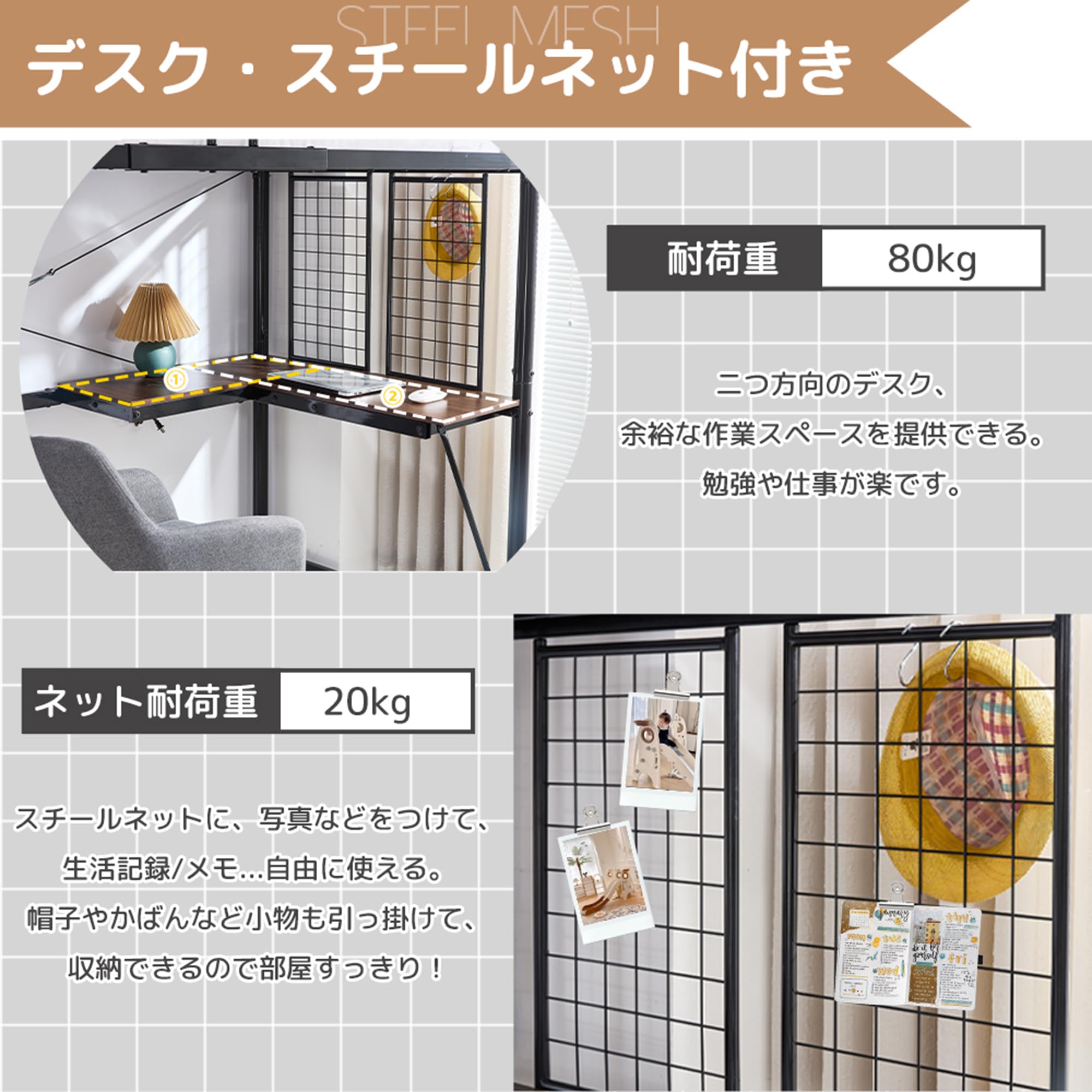 Amazon｜ロフトベッド 大人用 デスク付き スチールネット付き ハシゴ