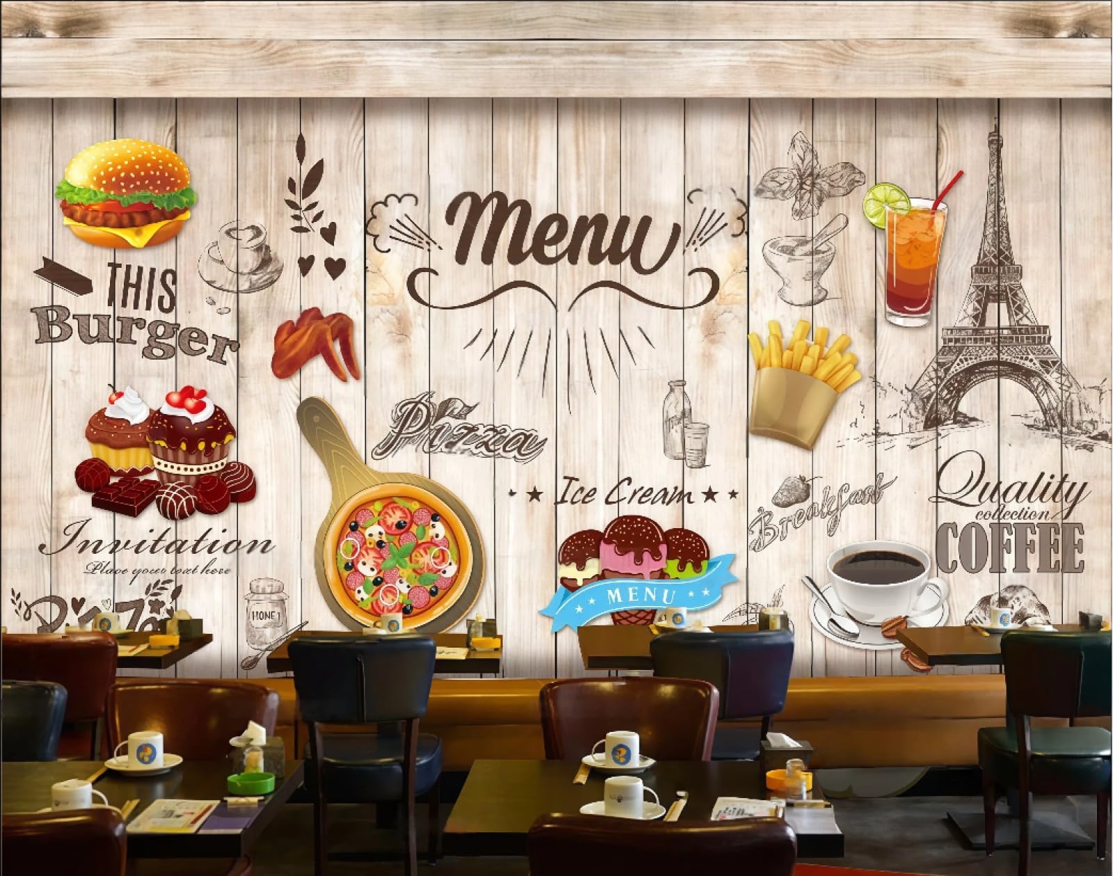 rskjdghshd Wallpaper Retro Wood Grain Hand-Painted Burger Pizza Shop Dessert Shop Afternoon Tea Background Wall Western Restaurant Wallpaper Cafe Mural,3D,250x175cm