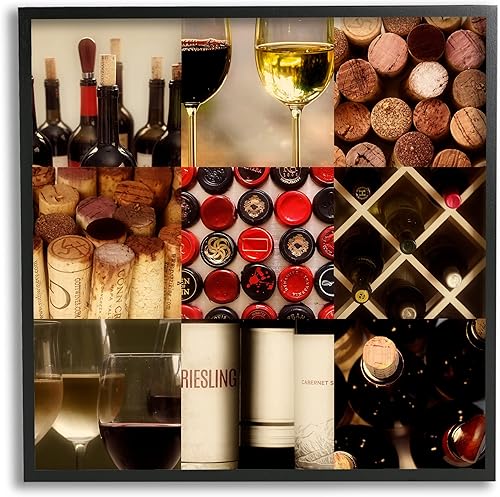 Stupell Industries Vinos Lovers Collage Vintage Botellas de corcho tradicional Vino, diseñado por Gail Peck arte de pared enmarcado negro, 12 x 12,