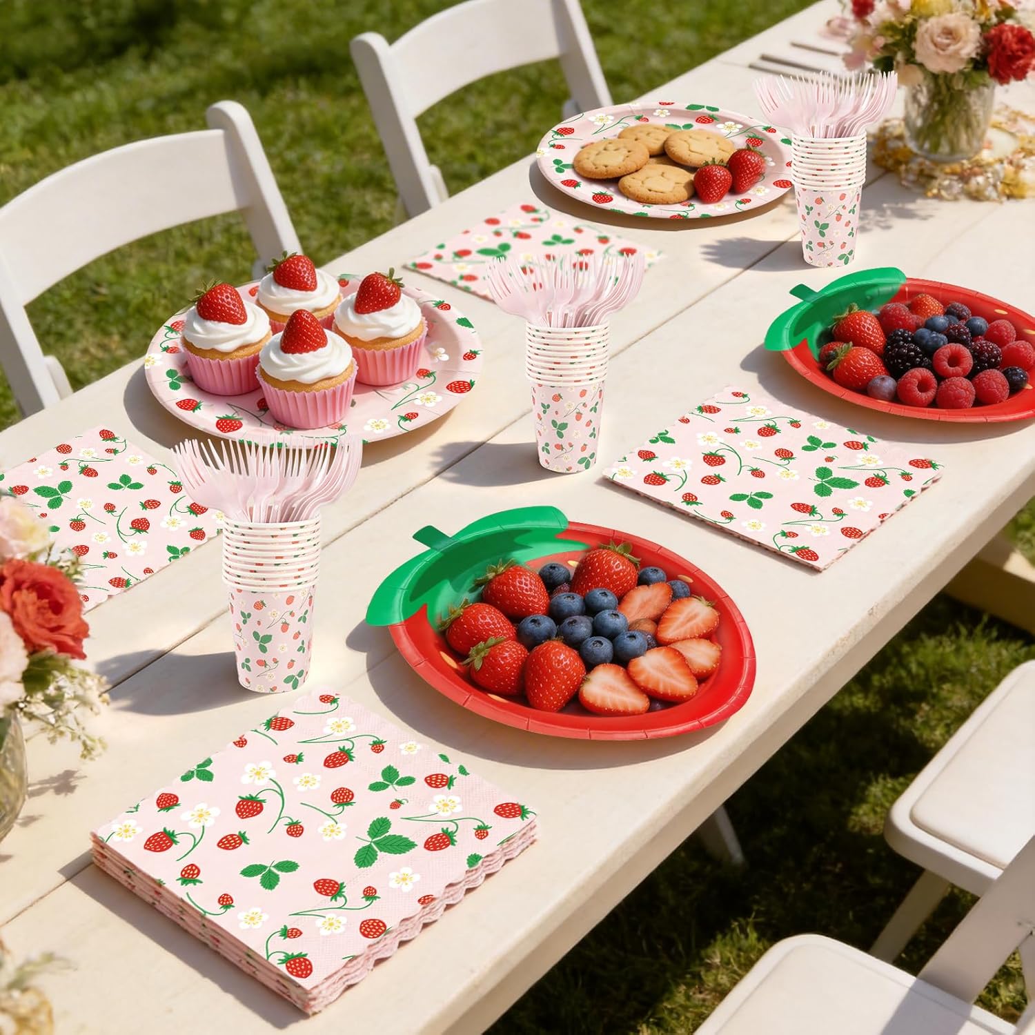 OuMuaMua 250pcs Strawberry Paper Plates Set, 8.5 and 9 Inch Disposable Plate Strawberry Theme Party Decorations Napkins Forks and Cups for Dinner Shortcake Birthday Wedding, Serves 50