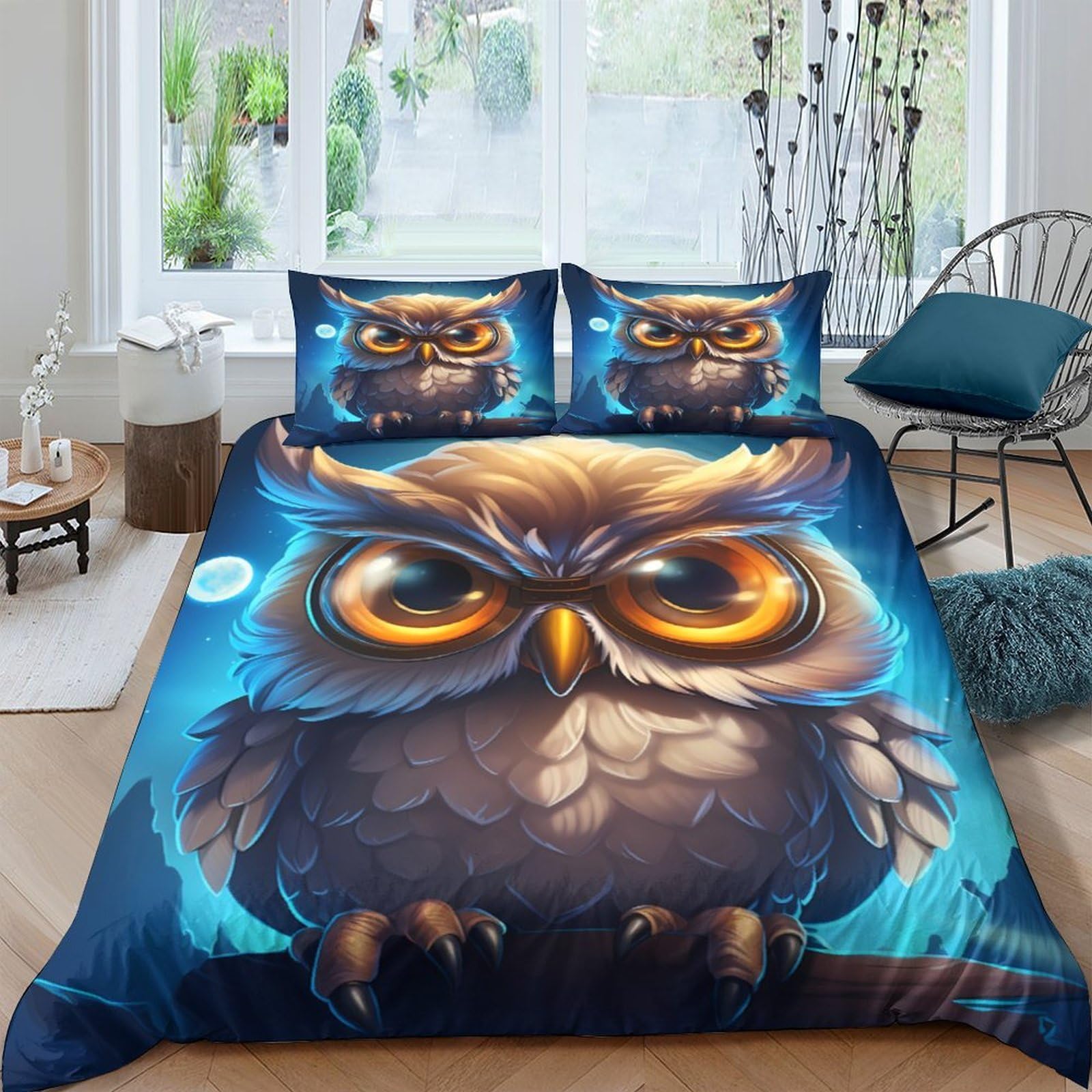P5V6M1Q9 3D Printed Cartoon Owl Duvet Cover Microfiber Soft Breathable Blue Night Forest Bedding Set with 2 Pillowcases for Bedroom Decor Single（135x200cm）