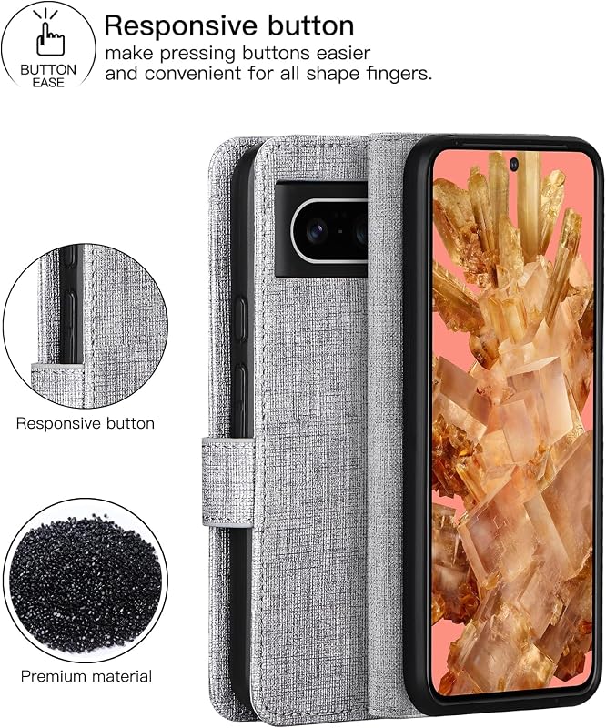 Foluu Google Pixel 8 Flip Tok - Prémium Műbőr Pénztárca Tok Kártyatartóval, Állvánnyal és Mágneses Zárral, TPU Keret, Ütésálló (Szürke)