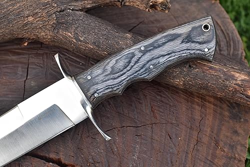 Miniatura 2 de ARMAGEDDON - Cuchillo Bowie de 13 pulgadas, hoja fija de espiga completa, mango de madera, cuchillo de caza de acero de Damasco con funda de cuero