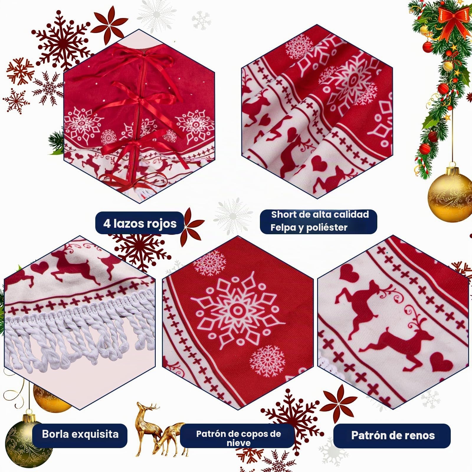 Falda Arbol Navidad 97cm, Alfombra Árbol Rojo, Cubre Pie Arbol de Navidad, Manta Tapete Bajo Tapa Pie Tela Árbol, con Borla Reno Copo de Nieve