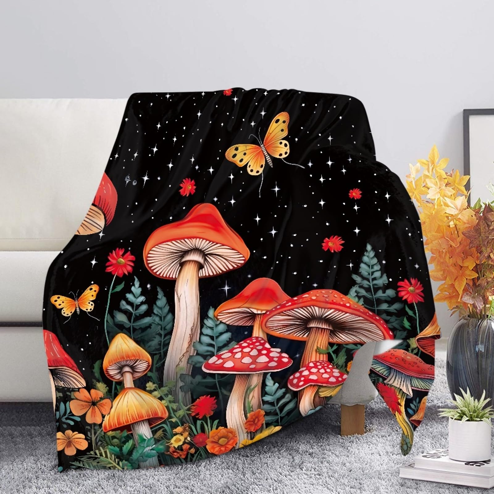FUSURIRE Red Mushroom Butterfly Print Throw Blankets Comfort Warm Blanket for Sofa Office Travelling Floral Bed Throws for Bedroom Living Room Flannel Kids Blankets Keep Warm