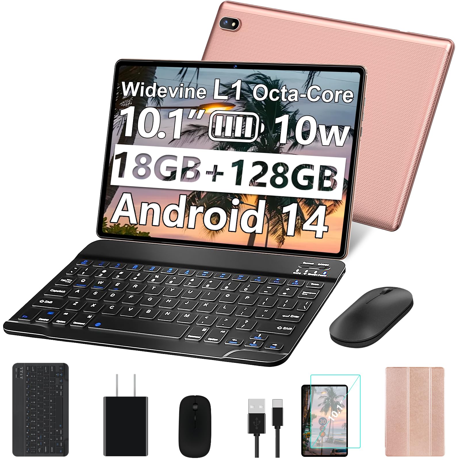 2025 Tablet Android 14 Tablets with 128GB ROM+18GB RAM (4+14 Virtual), 1TB Expand 2 in 1 10.1 Tablet with Keyboard, Powerful Octa-Core, WiFi 6, BT5.0, 6000mAh, Widevine L1, Gold