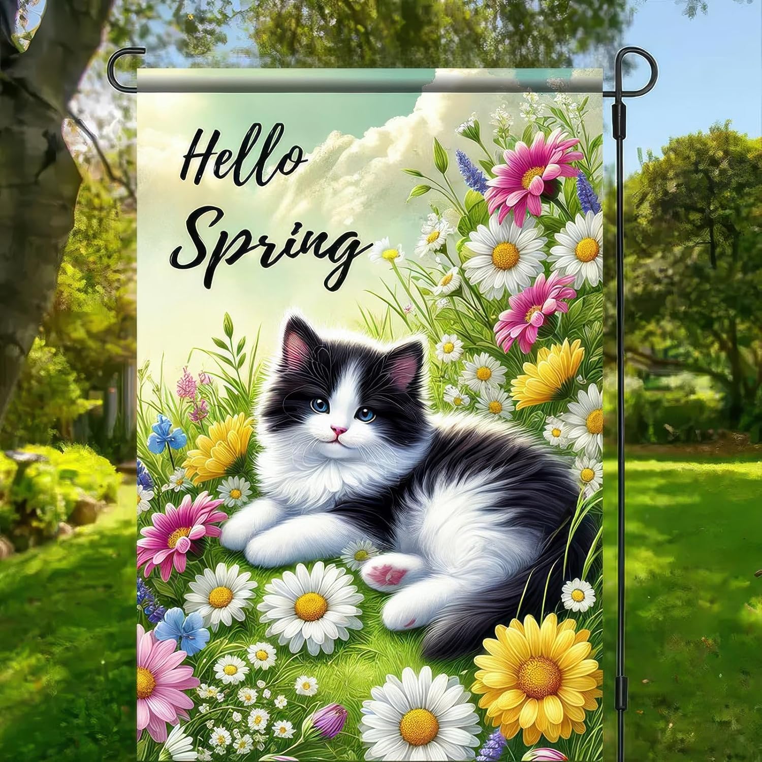 Hello Spring Garden Flag 12x18 Inch Double Sided Daisy Design Cute Cat Decoration Yard Flag Outdoor Seasonal Decor Farmhouse Holiday Outside Decorations Flag - Image 4