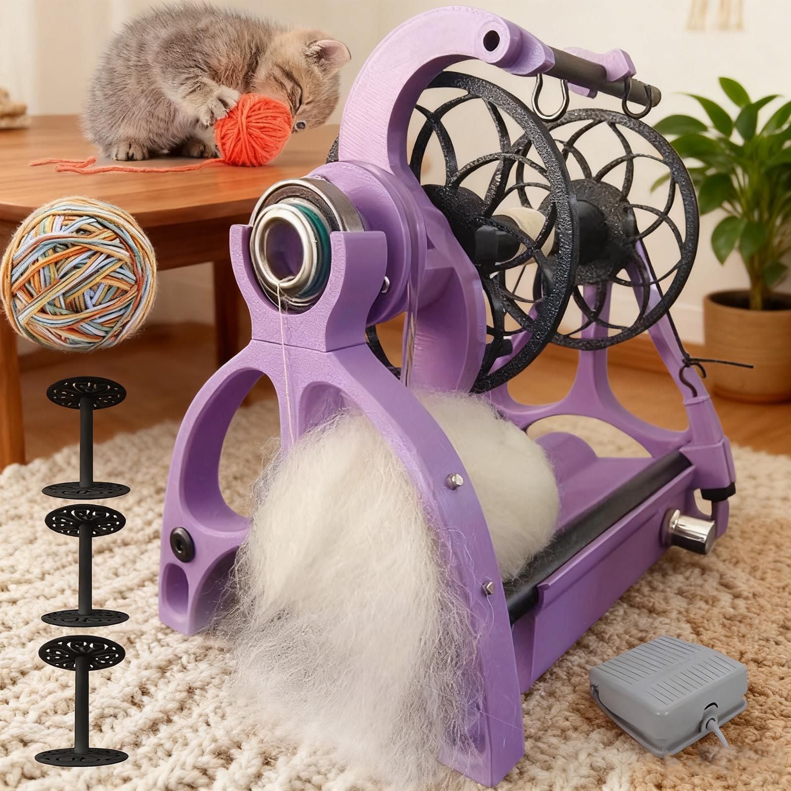 Lealovengzh Purple1 Household Electric Spinning Wheel,Electric Yarn Spinner Kit With Foot Controller & 3 Bobbins – 800Rpm Automatic Spinning Machine For Wool, Dog Hair & Fiber Craft