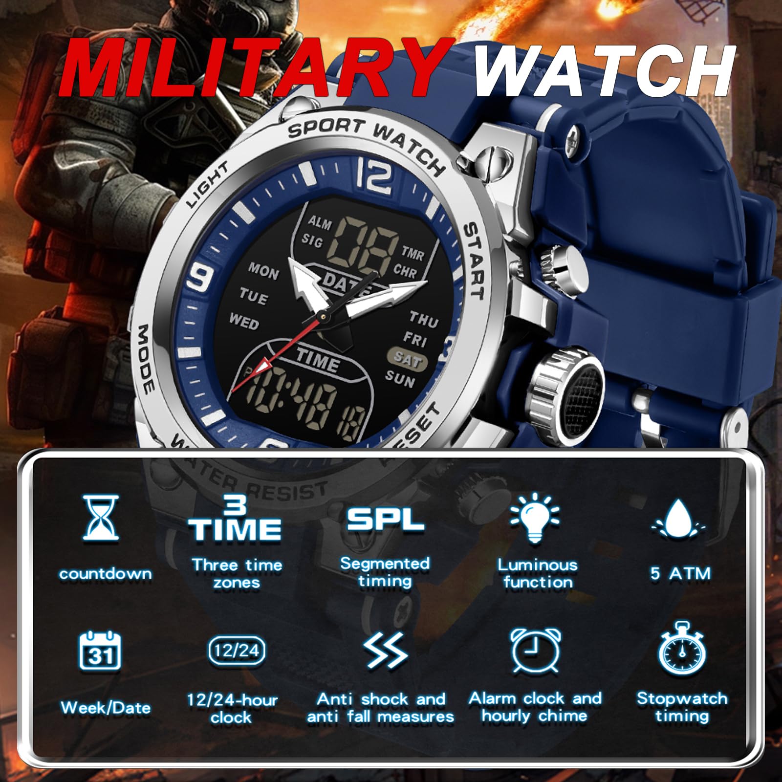 Orologio da polso da uomo, digitale, sportivo, impermeabile, militare, con display a LED, lancette analogiche e numeri digitali, Nero , cinghia