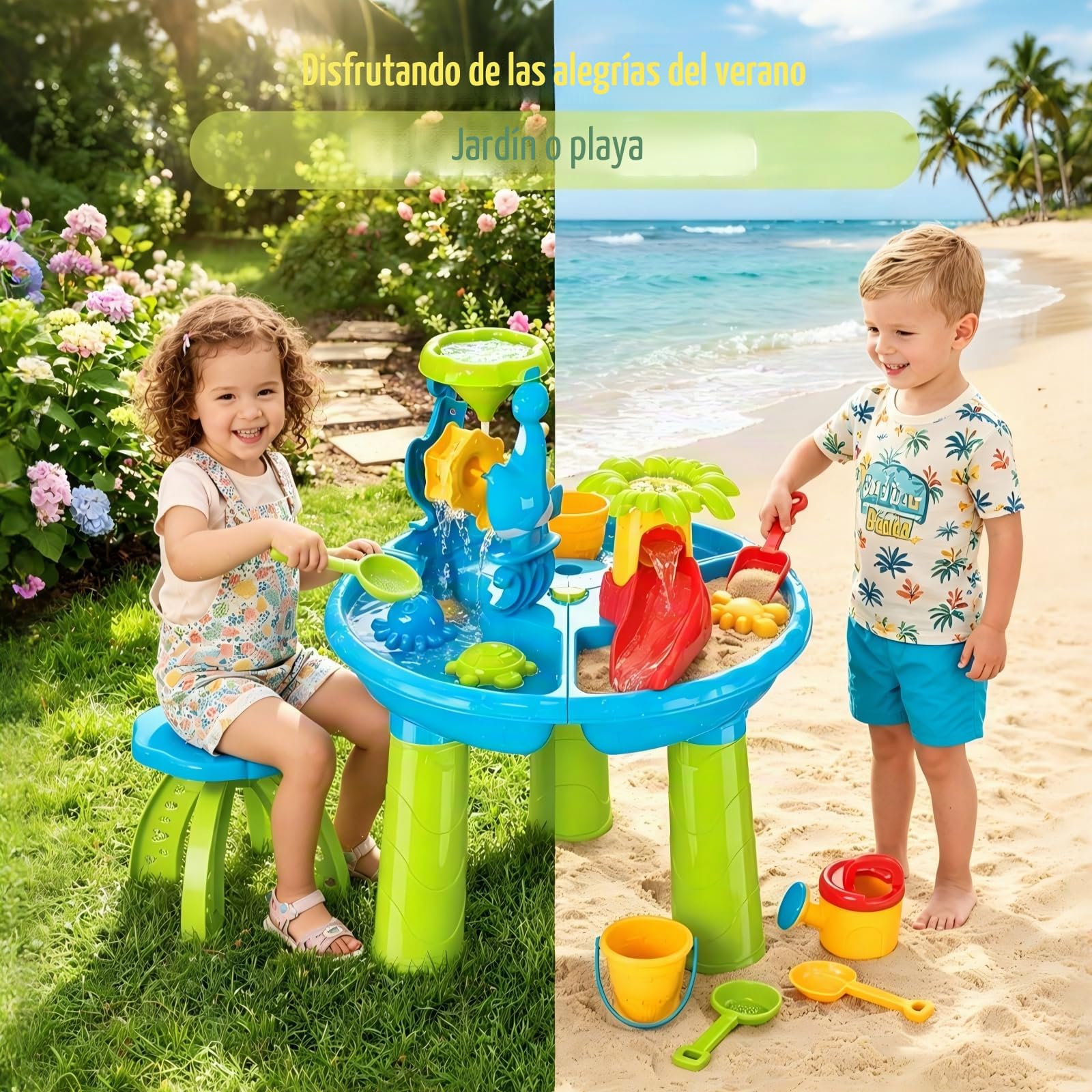 deAO Mesa Arena y Agua para Niños, Azul Mesa Sensorial con Accesorios Palas, Rastrillos, Tolvas, Moldes De Arena, Cubos, Palas Agujereadas, Water Table, Mesas De Juegos Exteriores (Redondeado)