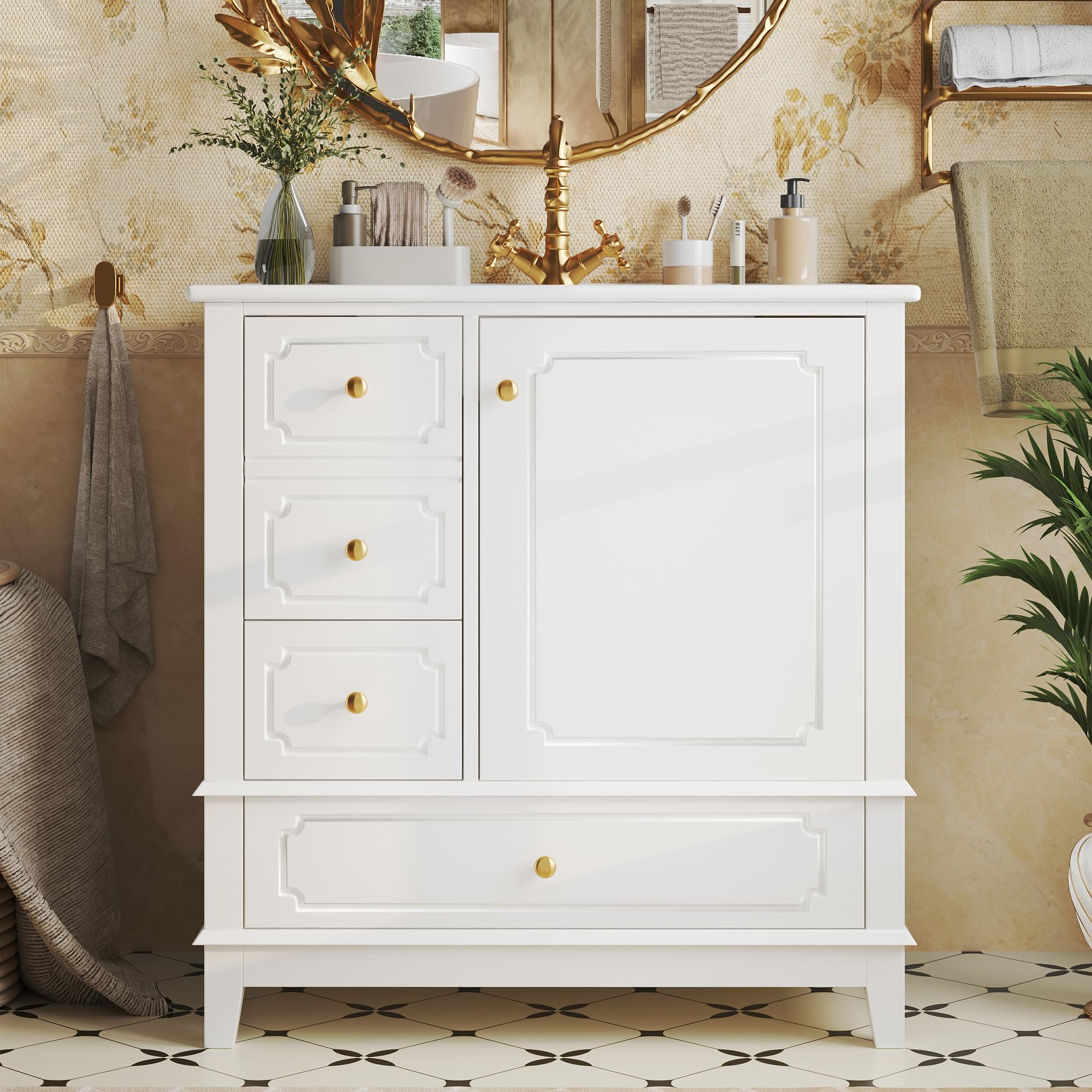 Armario para lavabo de baño, 76,5 x 47 x 87,5 cm, con lavabo de cerámica, asas doradas, antibacteriano, color blanco, con orificio de rebosadero y mucho espacio de almacenamiento