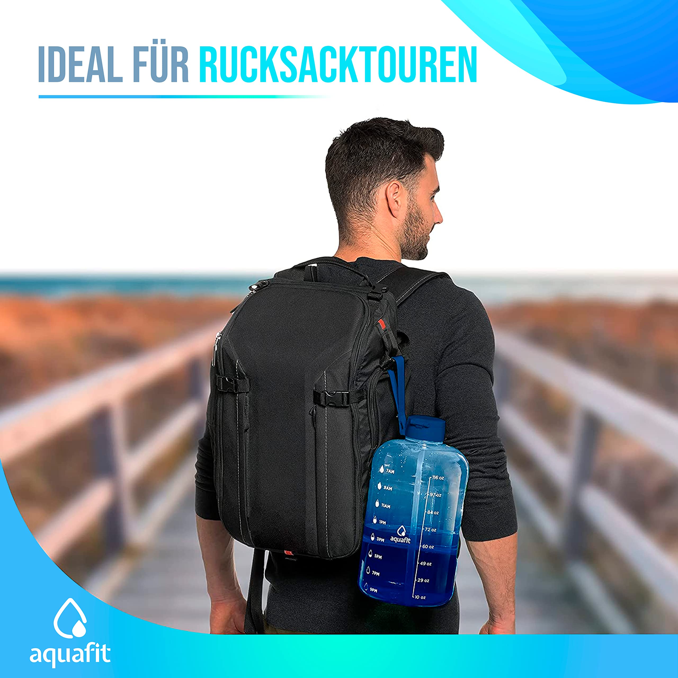 AQUAFIT Trinkflasche 2,3 Liter mit Strohhalm - Halbe Gallone Trinkflasche - Trinkflasche Fitness mit Zeit Markierungen - Großer Water Jug Trainingsflasche für Sport | BPA-freie Wasserflasche mit Strohhalm und Trinkdeckeln – auslaufsichere Fitness-Wasserfl