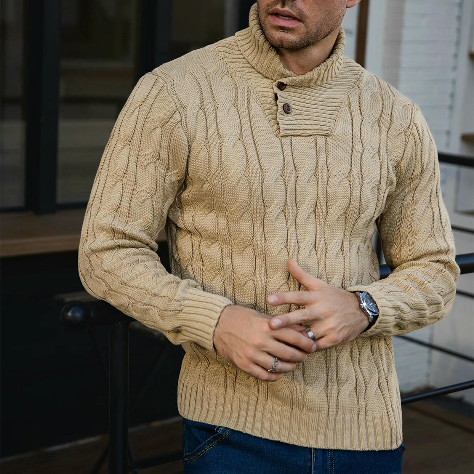 Jersey HombresuéTer Hombre Suéter De Punto Acanalado para Hombres Solapa Negocios Maduro Otoño Invierno Moda Y Adecuado Varios-Caqui-s