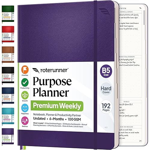 Roterunner Purpose Planner Notebook B5 7.5”x9.8” Undated 2026 Daily Weekly and Monthly Productivity Goal Setting Tool for Work Home ADHD Planner for Adults Self Care Journal (Purple Hardcover)