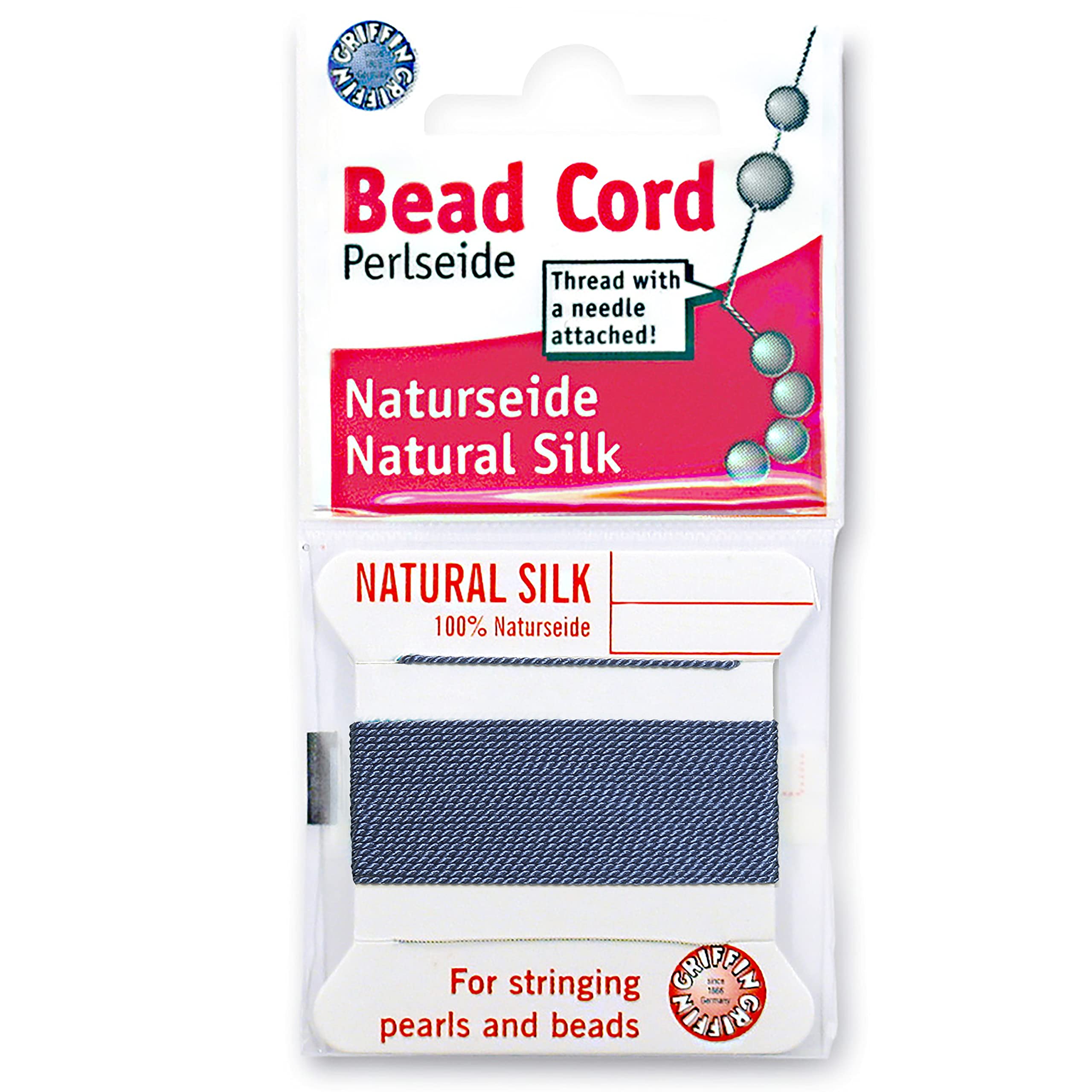 Griffin Silk Bead Cord Perlseide � Blue Color � Size 2 (0.45mm) � 2 Meters per Card � Stainless Steel Needle Attached � for Knotting Pearls, Gemstones, Crystals and Beads