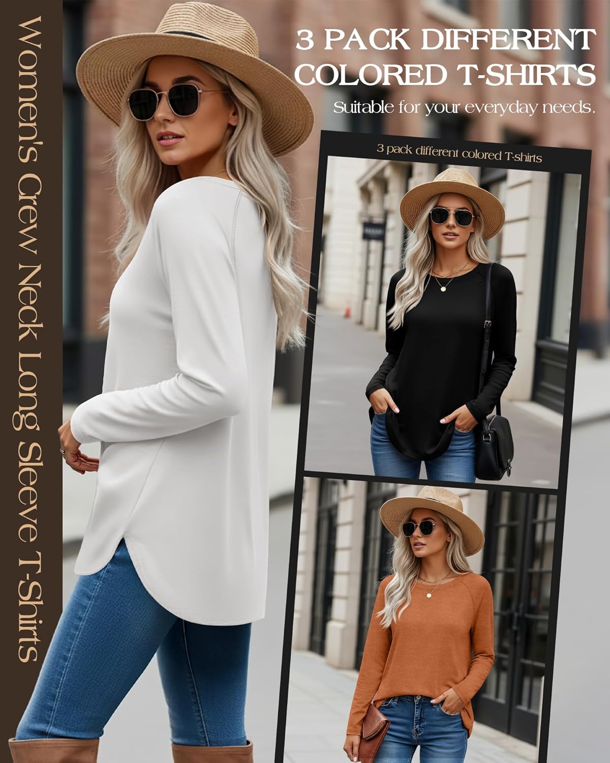 Ficerd 3 Pack Women's Long Sleeve T-Shirts Crew Neck Raglan Sleeve Casual Loose Fit Shirts Side Split Curved Hem Tunic Tops - Image 3