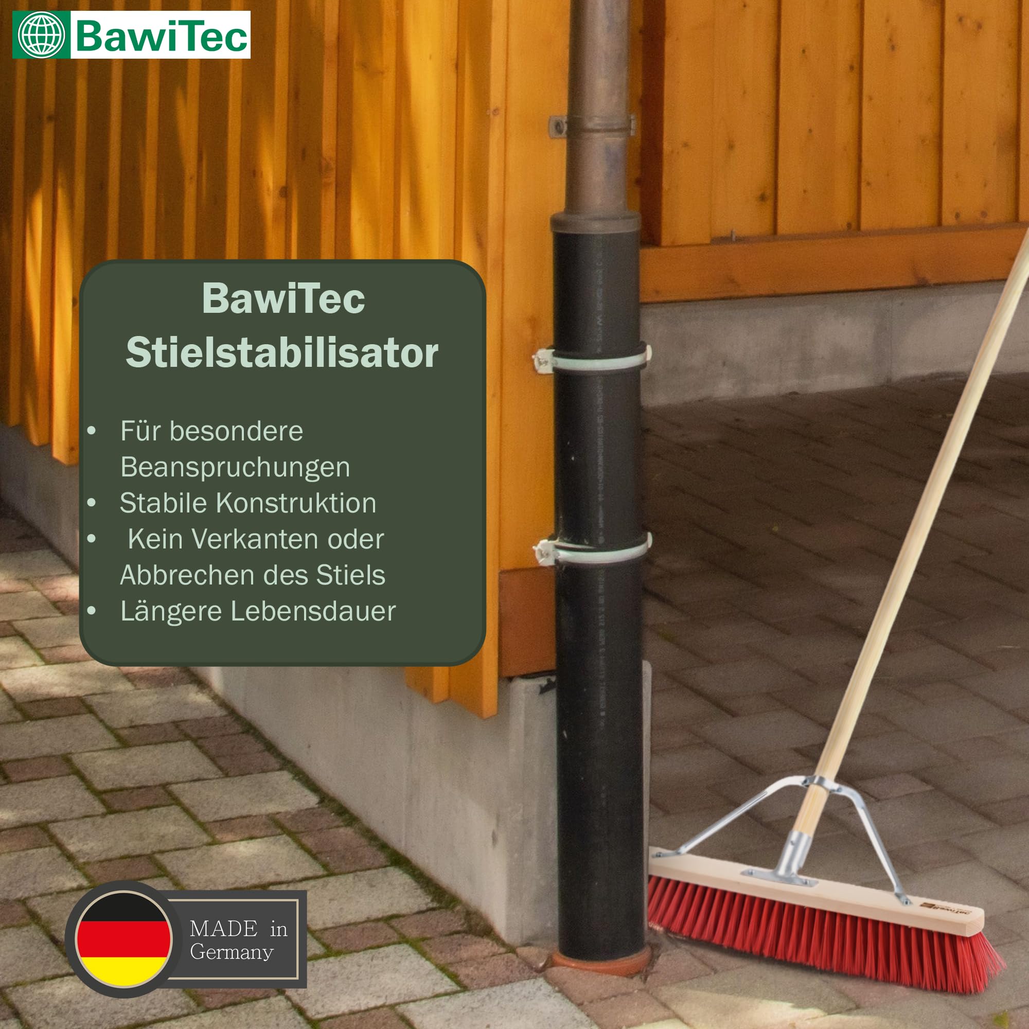 Profi Besen Straßenbesen 80cm mit Stiel 160cm Holzstiel rote Borsten Stabi | Spezieller Stielstabilisator/Zusatzhalterung, Besenstiel Ø28mm, Robuste Dichte Kunststoff-Borsten