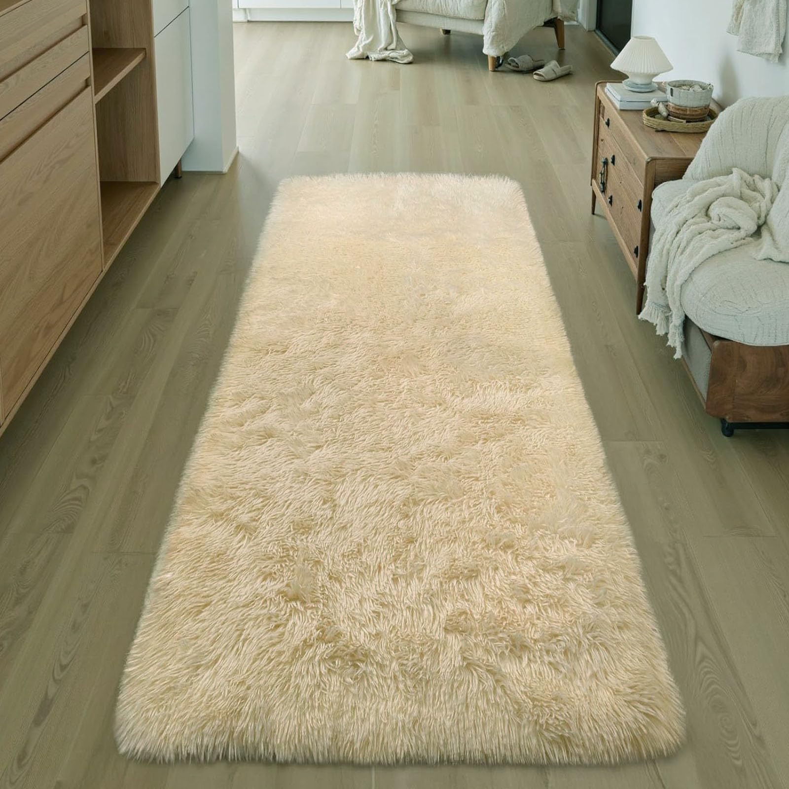 Tappeto Soggiorno a Pelo Lungo 70 x 340 cm con Fondo Antiscivolo, Super Morbido Tappeto Antiscivolo a Pelo per Sala da Pranzo, Cucina, Ufficio, Beige