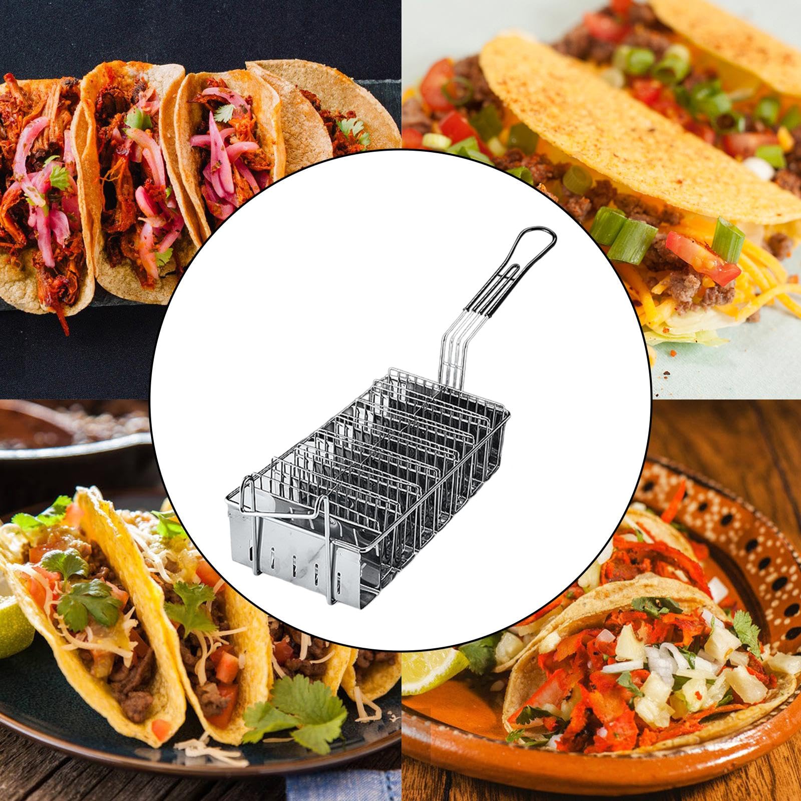 Gralara Cestino per taco, cestello porta taco per friggitrice, con impugnatura, tortillas, supporto per frittura, supporto per contenitore per cestello fritto, 8 griglie