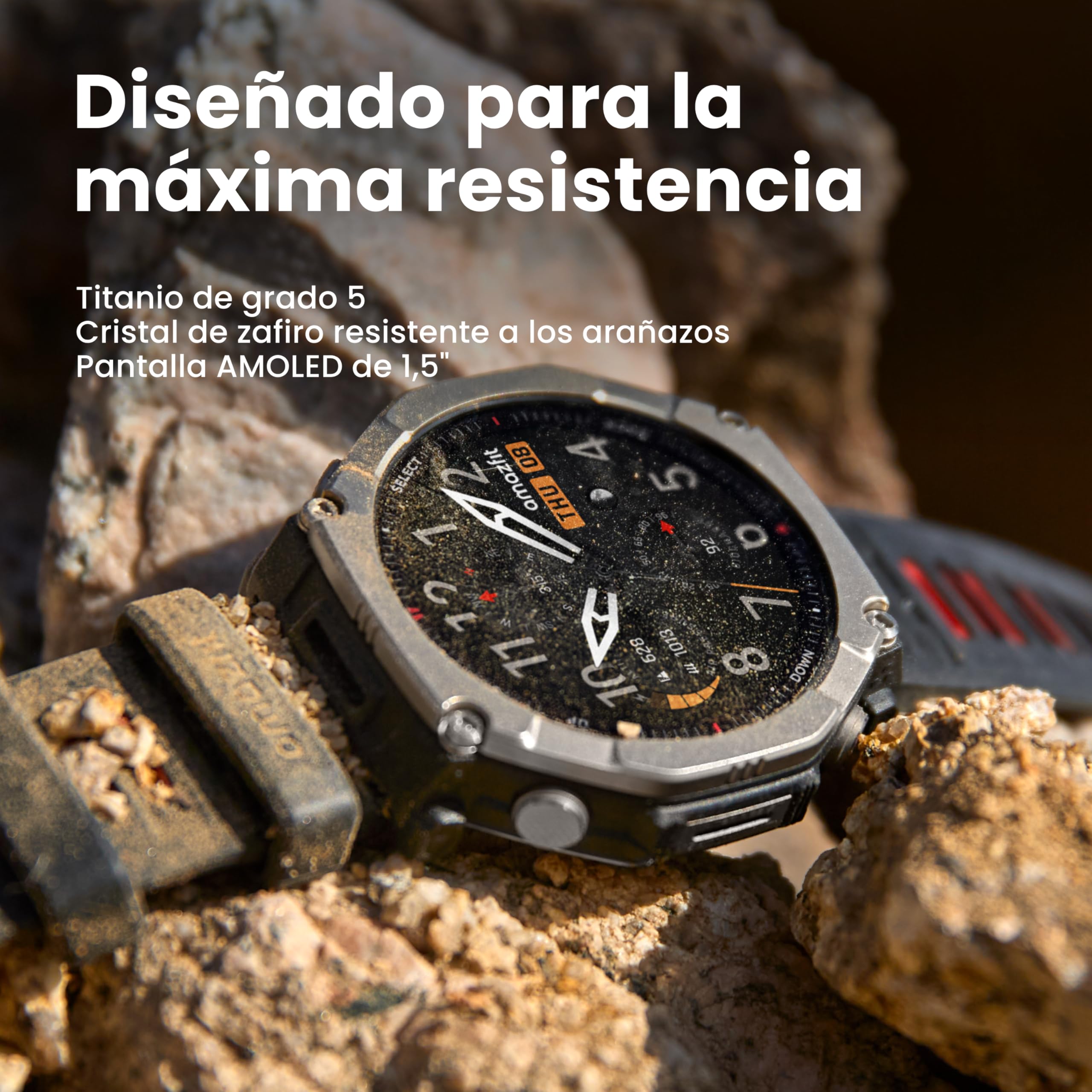 Amazfit T-Rex Ultra 2 Reloj Inteligente Outdoor, GPS Doble Banda, Caja Titanio 51 mm, Pantalla AMOLED 1,5" Cristal de Zafiro, Linterna, 30 Días Autonomía, Mapas Offline, Resistente al Agua 10 ATM