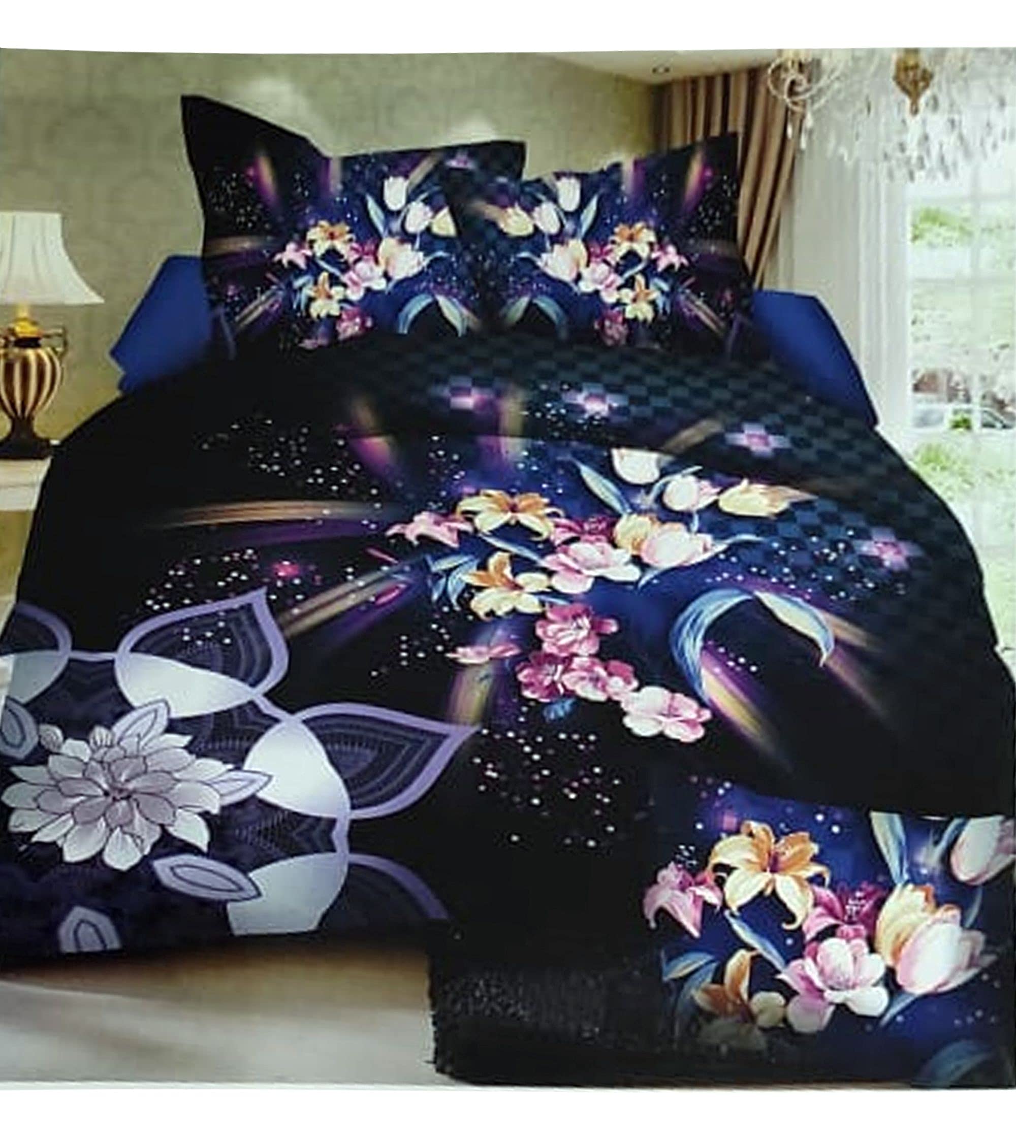 House Of Sensation Home Decor Classic Petal Microfiber Glace Cotton AC Comforter Set King Size Double Bed with Matching bedsheet- and Two Pillow Covers II 4 pc Bedding Set-Multi-Color -Set of 1