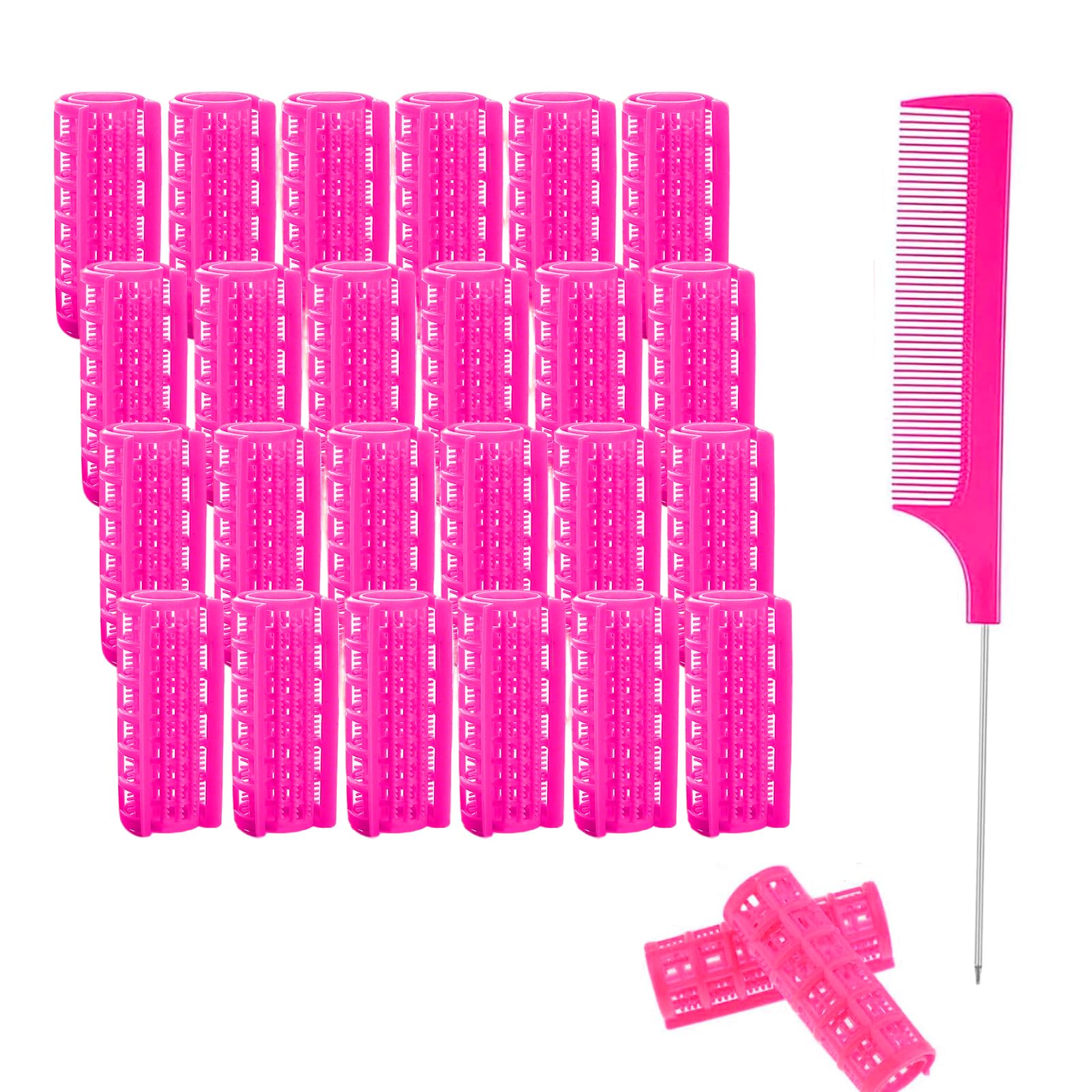 ZMD 24PCS Small Plastic Hair Curlers Rollers Set, 0.8in/2cm, Heatless Self Grip Hair Rollers with Mini Comb for Medium Short Thin Fine Hair (Pink)