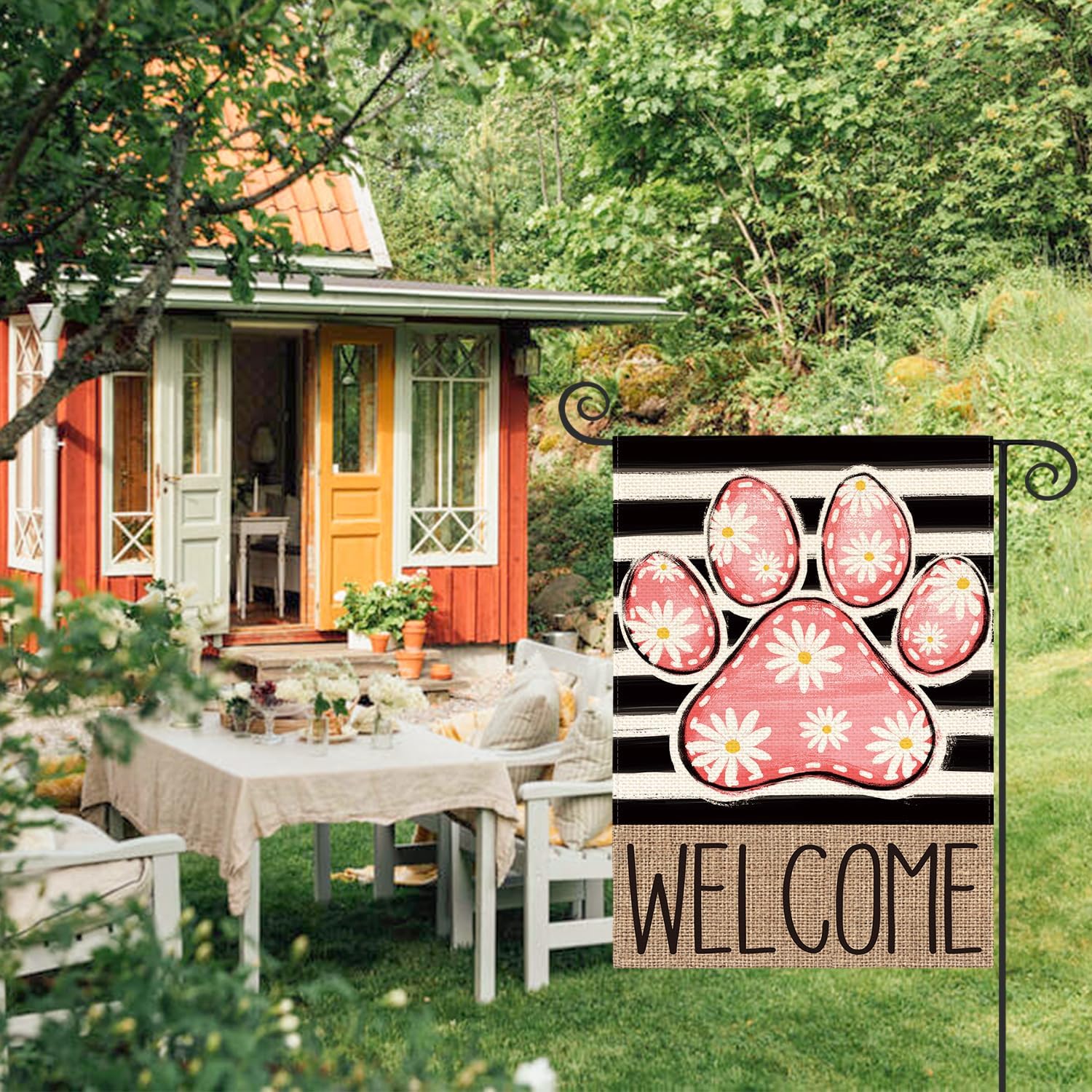 AVOIN colorlife Pink Paw Print Spring Garden Flag 12x18 Inch Double Sided Outside, Daisy Floral Welcome Stripes Yard Outdoor Flag - Image 2