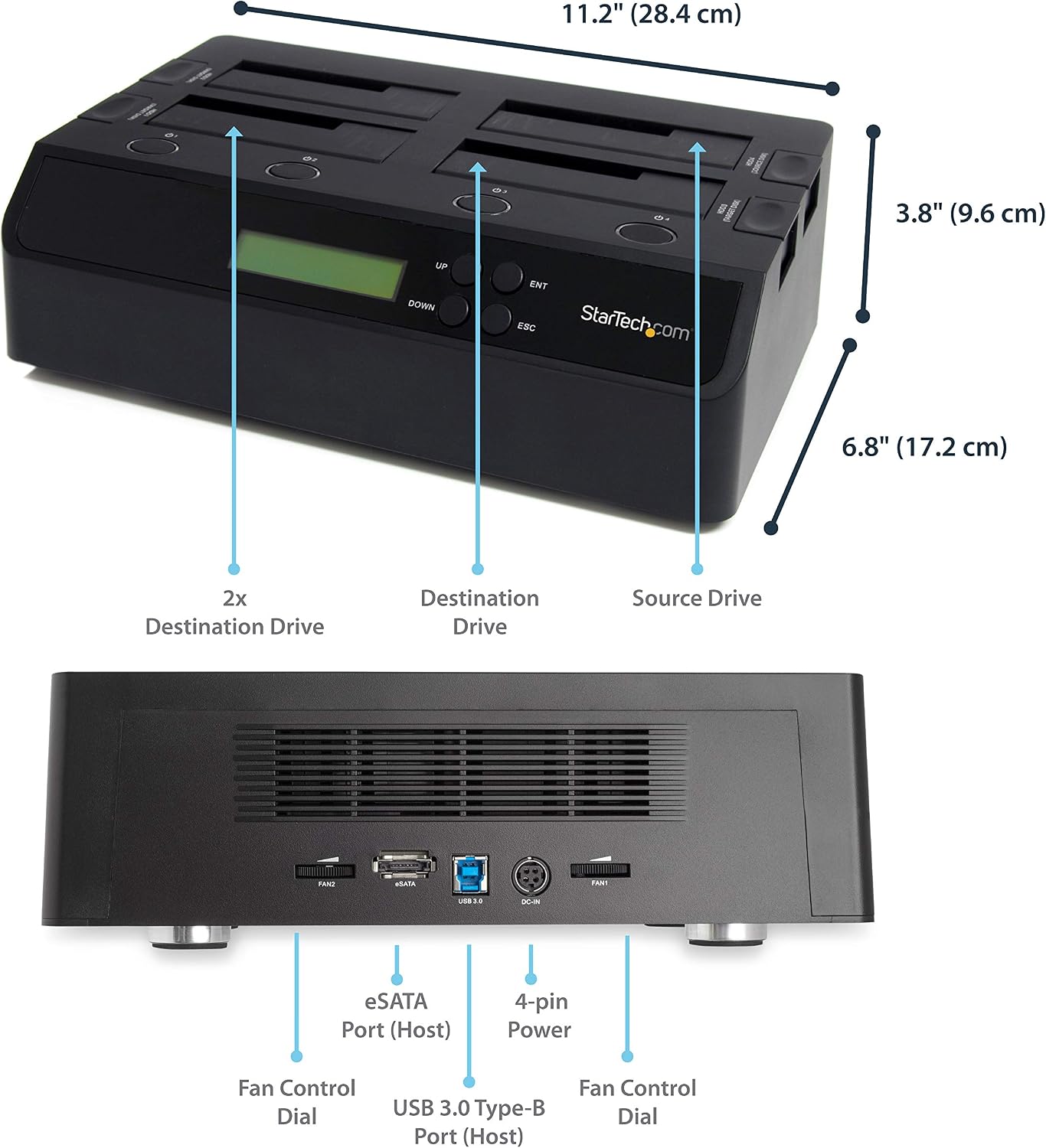 StarTech.com 4-Bay Hard Drive Duplicator and Eraser, External Standalone 1:3 HDD/SSD Cloner/Copier, USB 3.0 / eSATA to SATA Docking Station, Hard Disk Copier / Sanitizer / Wiper Tool (SATDOCK4U3RE)