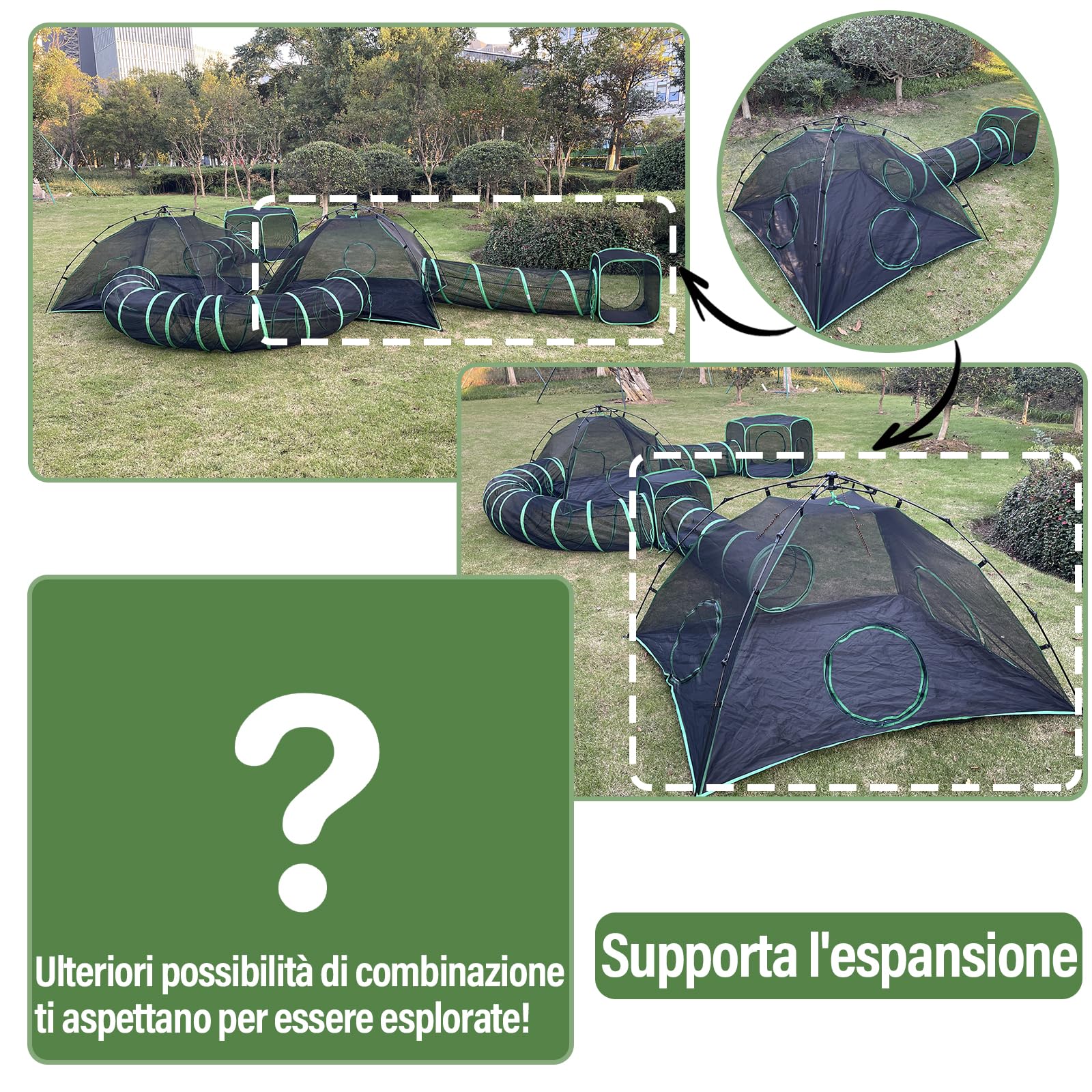 Pawtenda Recinzioni per gatto 3 in 1, portatile, per esterni, con 1 tenda a cupola, 1 tunnel dritto e 1 cubo, box all'aperto per gatto, conigli e altri animali
